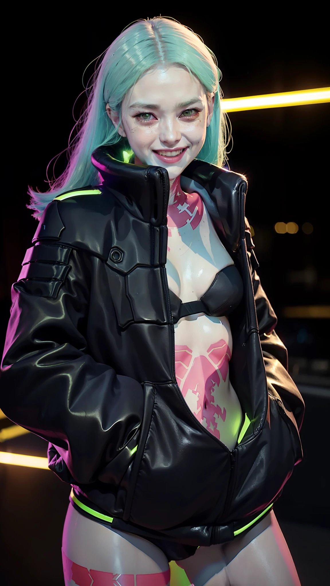 (cinematic, 8k, best quality, masterpiece: 1.2), (realistic, photo-realistic: 1.37), ultra-detailed, soft light, best quality, ultra highres, raw photo in HDR, sharp focus, intricate texture, skin imperfections, 1 girl, cute, solo, raw photo, Rebecca a robotic girl with green hair, laughing, pink tattoo on her neck and belly, wearing a black jacket with yellow details,  holding a pistol in hand, 19yo, camel fingers, slim body, warm body, shiny skin, realistic textures, reflected lighting, volumetric lighting. Background a cyberpunk city at night, neon lighting.