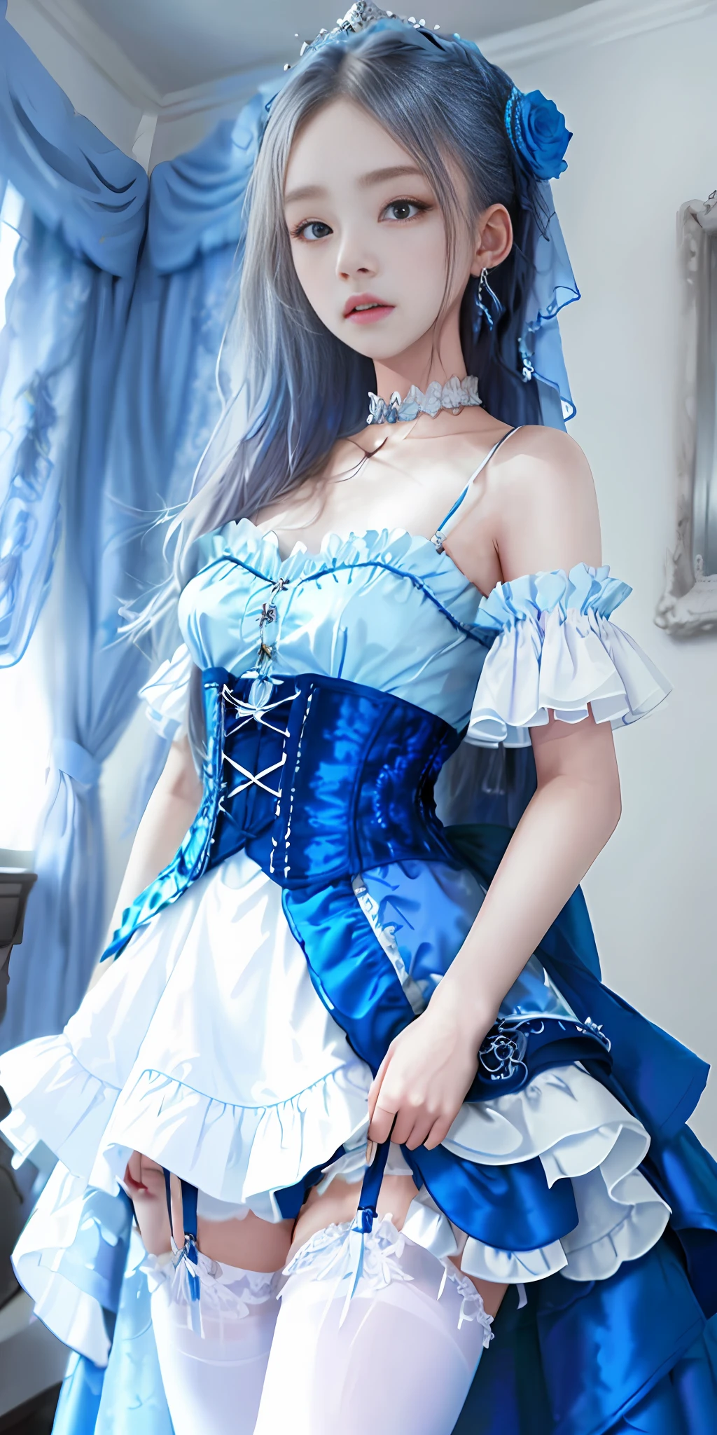 [blue:aqua:0.65] theme, masterpiece, a girl's masterpiece, detailed visual art, blue eyes, light blonde hair, long hair, collarbone, royal princess, elegant, gorgeous quinceanera corset, corset piercing, detailed layered skirt, [detailed frills: 0.1], [frilled dress: 0.1], embroidery, [details princess dress: 0.1], off-the-shoulder, big breasts: 1.3, open crotch, thigh seam, garter belt, groin, [NSFW| uncensored], (simple background: 1.1), low-winged, full-body
