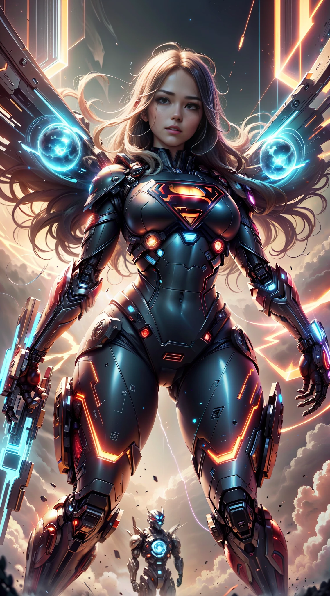 ((Best quality)), ((Supergirl's masterpiece)), (highly detailed:1.3), 3D, beautiful, (cyberpunk:1.2), in space, nebulous, holding_weapon, laser, (1Female Mecha:1.3), sexy body, facing the audience, bright blue eyes, full body, blonde, (flying, descending, dynamic, motion blur: 1.4), (huge wings of wicks: 1.6), looking up, glowing_eyes, mecha, panorama, background is earth,  nebula, space, particles, Reality, HDR (High Dynamic Range), Ray Tracing, NVIDIA RTX, Super Resolution, Unreal 5, Subsurface Scattering, PBR Textures, Post-Processing, Anisotropic Filtering, Depth of Field, Maximum Clarity and Clarity, Multilayer Textures, Albedo and Specular Maps, Surface Shading, Accurate Simulation of Light-Material Interaction, Perfect Proportions, Octane Render, Two-Tone Lighting, Large Aperture, Low ISO,  white balance, rule of thirds, 8K RAW, efficient sub-pixel, sub-pixel volume product, (best quality), (Japanese: 0.5), (Korean: 0.8), (Liu Yi Fei: 1.5) long hair, (big chest: 1.2) wearing superman's S on the chest. --auto --s2