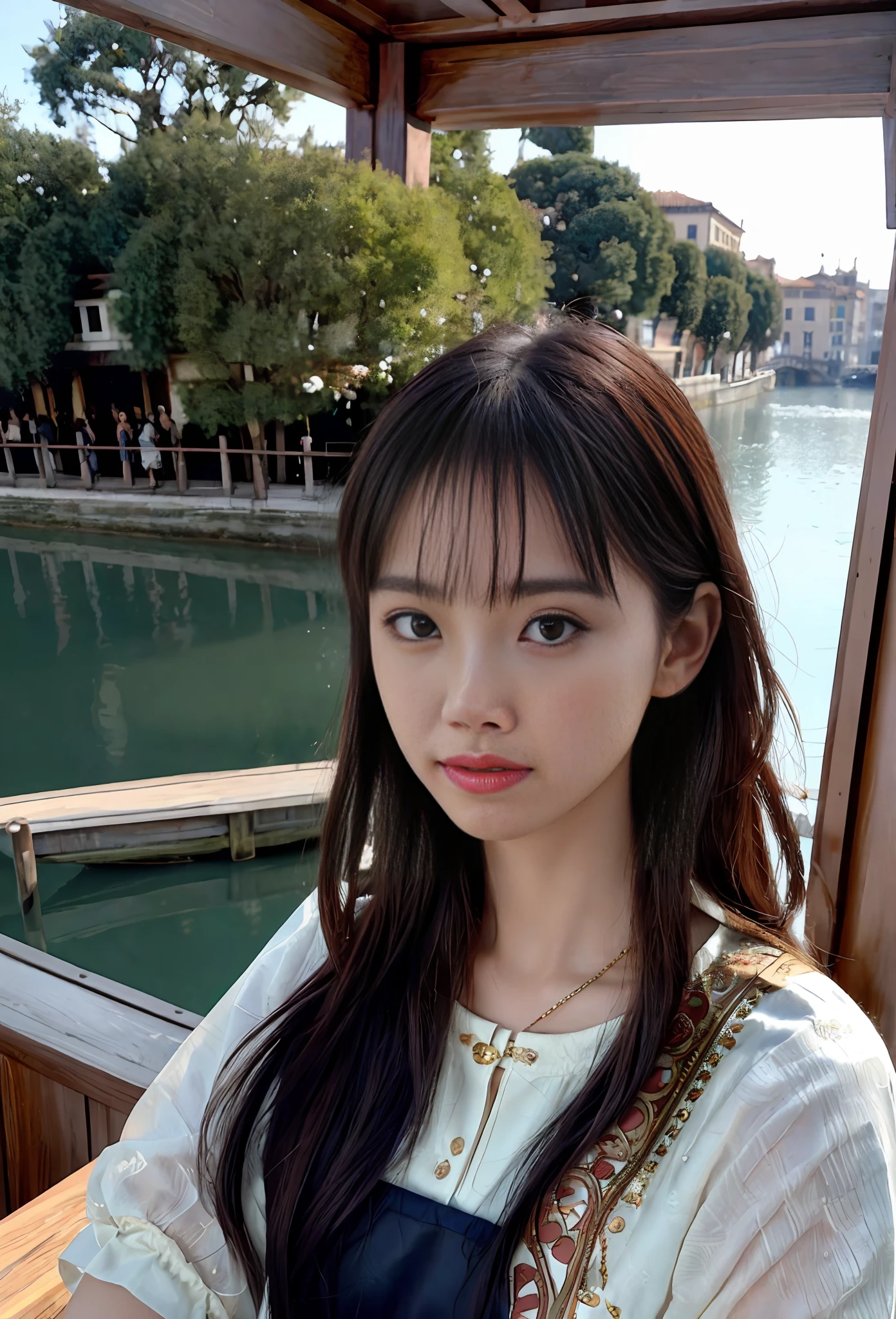 modelshoot style, (extremely detailed CG unity 8k wallpaper), full shot body photo of the most beautiful artwork in the world, stunningly beautiful photo realistic cute women, a hyper realistic ultra detailed photograph of a beautiful girl as a female 2020s dancer on the boat of 2020s Venice,(Bridge Of Sighs background),(princess eyes,shiny pupils), detailed symmetric beautiful hazel eyes, detailed gorgeous face,highly detailed, vibrant,professional majestic oil painting by Ed Blinkey, Atey Ghailan, Studio Ghibli, by Jeremy Mann, Greg Manchess, Antonio Moro, trending on ArtStation, trending on CGSociety, Intricate, High Detail, Sharp focus, dramatic, photorealistic painting art by midjourney and greg rutkowski