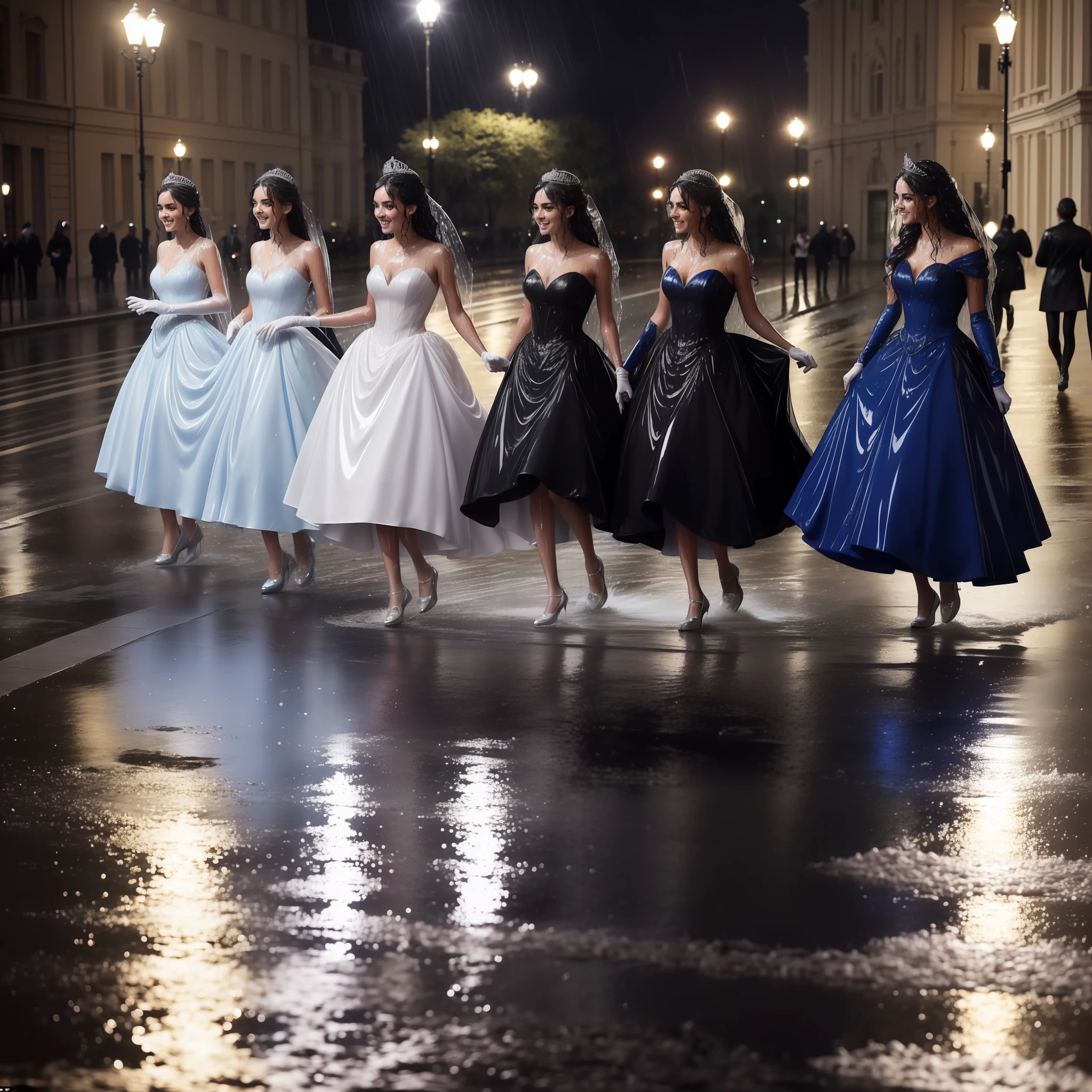 a group of beautiful princesses, dressed for a royal ball (ballgowns, long gloves, tiaras), dancing in the street at night in the rain, splashing in puddles, wet hair, wet dresses (((drenched))) (((soaked))) (((dishevelled))) (((clinging)))