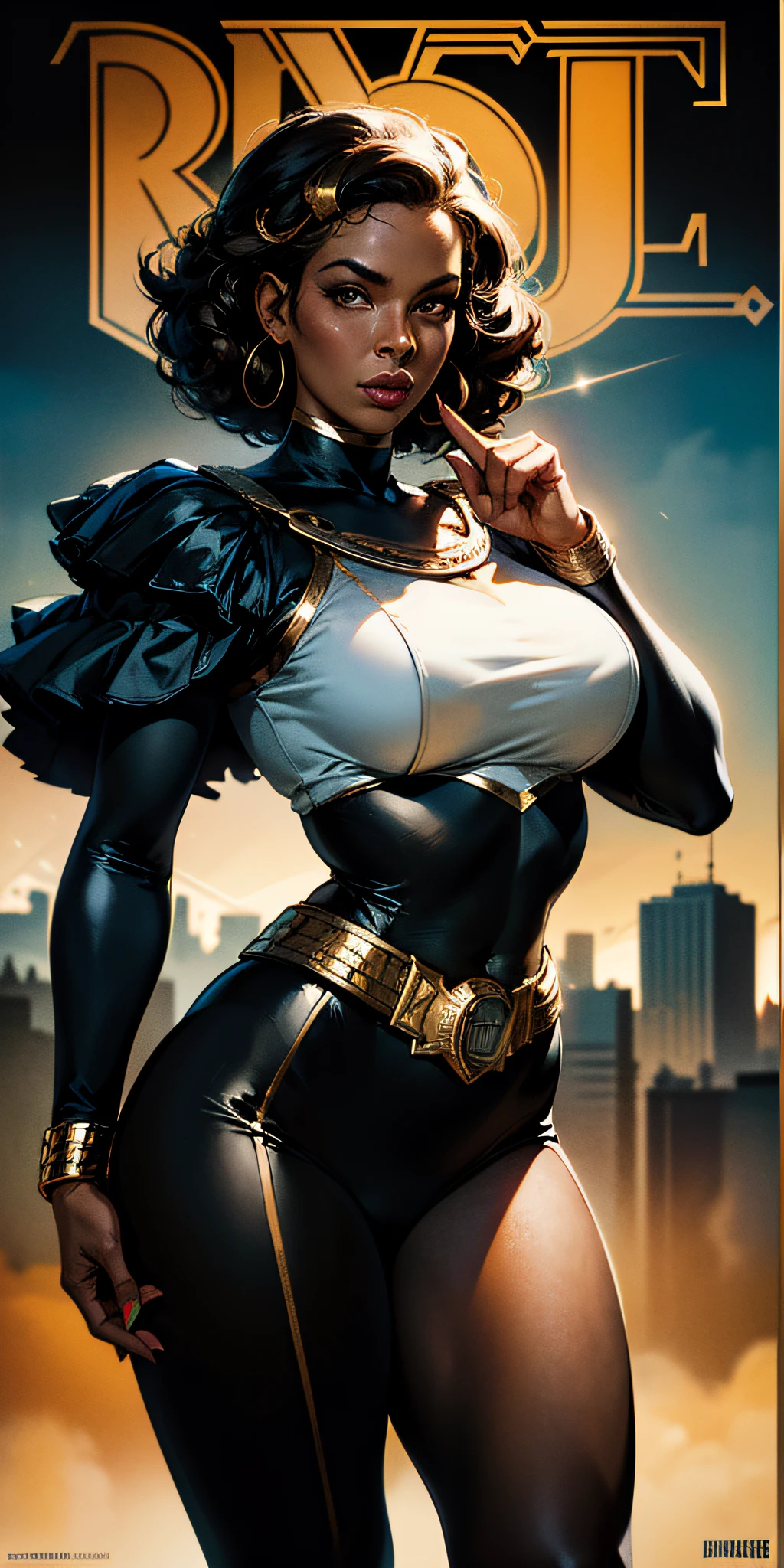 A woman with black skin and medium black curly hair in superhero pose, American World War II Poster, Gil Elvgren style, WLOP, Artgerm ((Poster style)) ((detailed outfit entirely white with gold)) (city in the background) ((woman with open hands pointed forward)) detailed clothing, magical symbols, 1 girl, solo, body fitness, poster design, poster art style. 1980s, 1950s, 1960s, 1940s, basic color scheme, very colorful poster, colorful art, third rule, dynamic pose, woman, 1 25-year-old girl, looking at the viewer, blurred background, brown eyes.