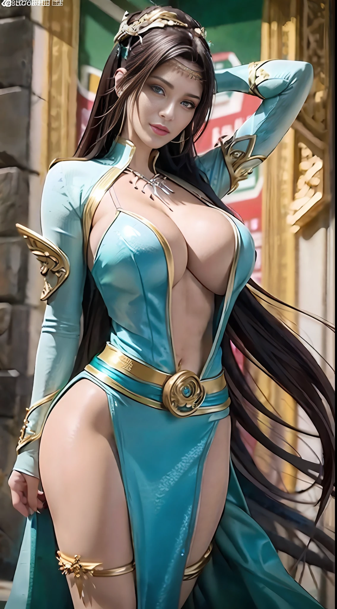 ((Unreal engine 5 realistic renderer)), best quality, masterpiece,highres, top body is hyperrealistic thicc muscle and hyper largest_breasts!! with the type of boobs_melons, lower is huge buttocks, wet body,(((yunyun))) ,necklace,hair ornament, (Beautiful face), looking at viewer, standing, ((half body)), blue open dress,  left arm reaching out, right arm hanging down