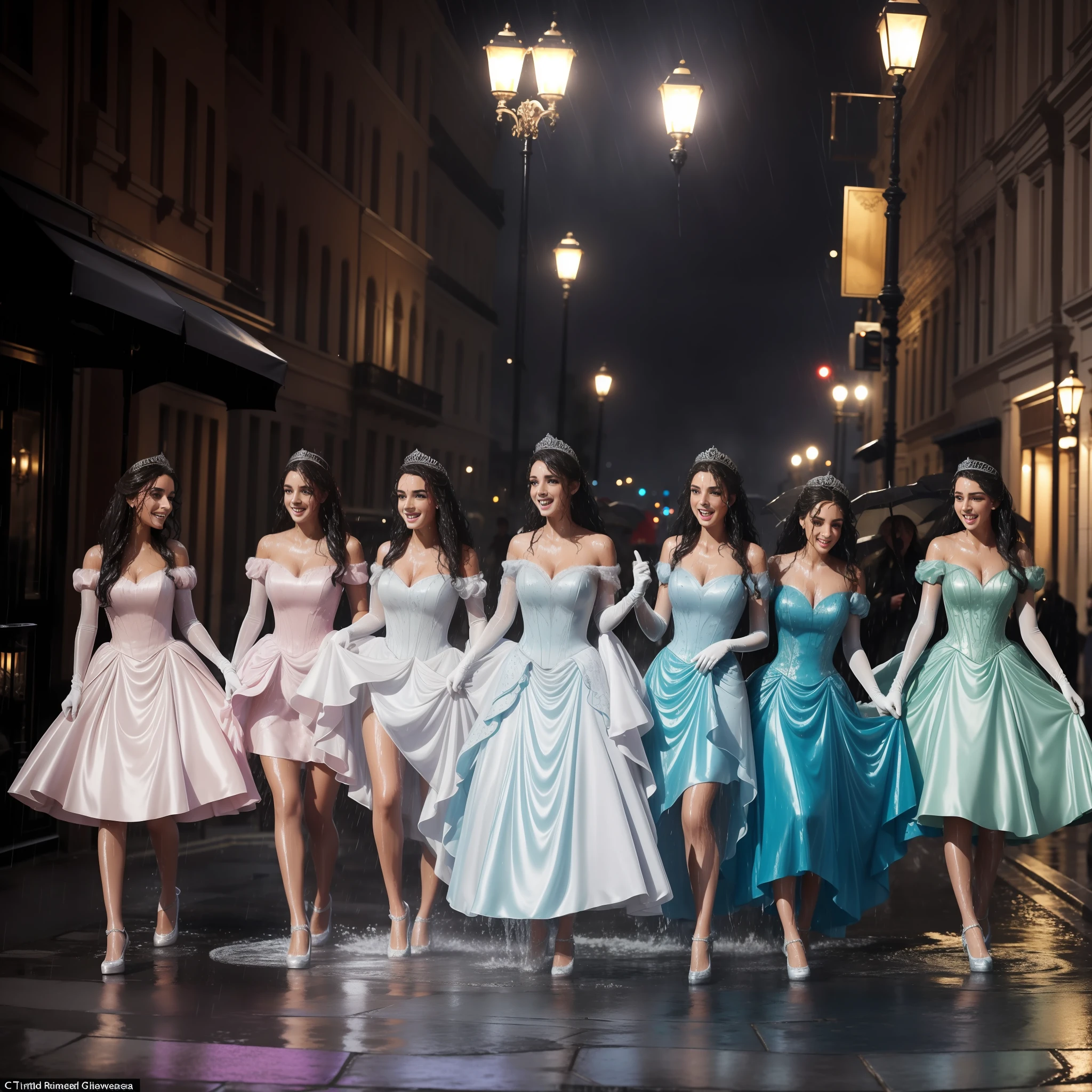 a group of beautiful princesses, dressed for a royal ball (ballgowns, long gloves, tiaras), dancing in the street at night in the rain, wet hair, wet dresses (((drenched))) (((soaked))) (((dishevelled))) (((clinging)))