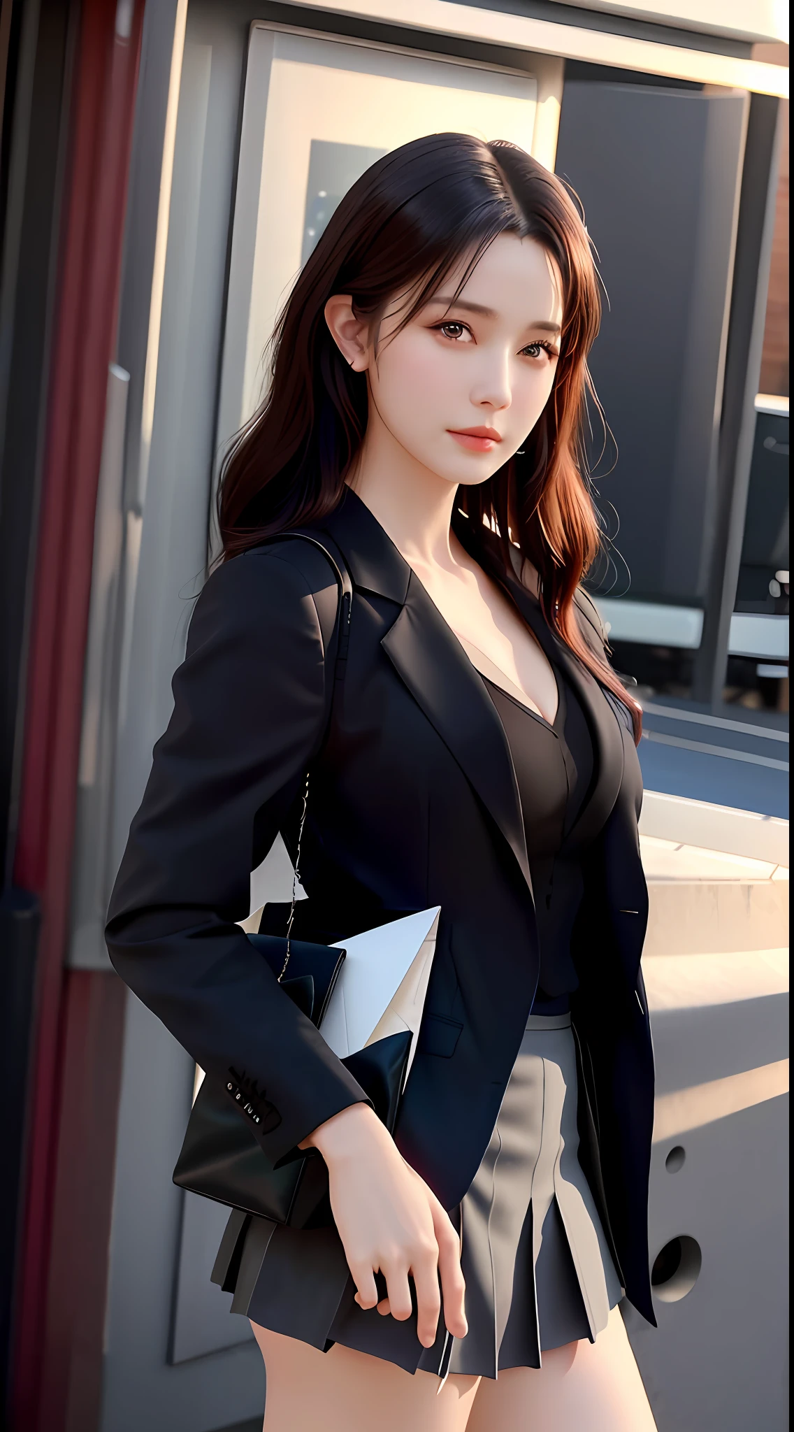 best quality, masterpiece, 1girl, Beautiful face, (photo realistic:1.3), rim lighting, (high detailed skin:1.2), 8k uhd, dslr, high quality, high resolution, 4k, 8k, Bokeh, absurdres, best ratio four finger and one thumb, (realistic:1.3), cute 1girl, wearing black formal blazer, medium breasts, short skirt,