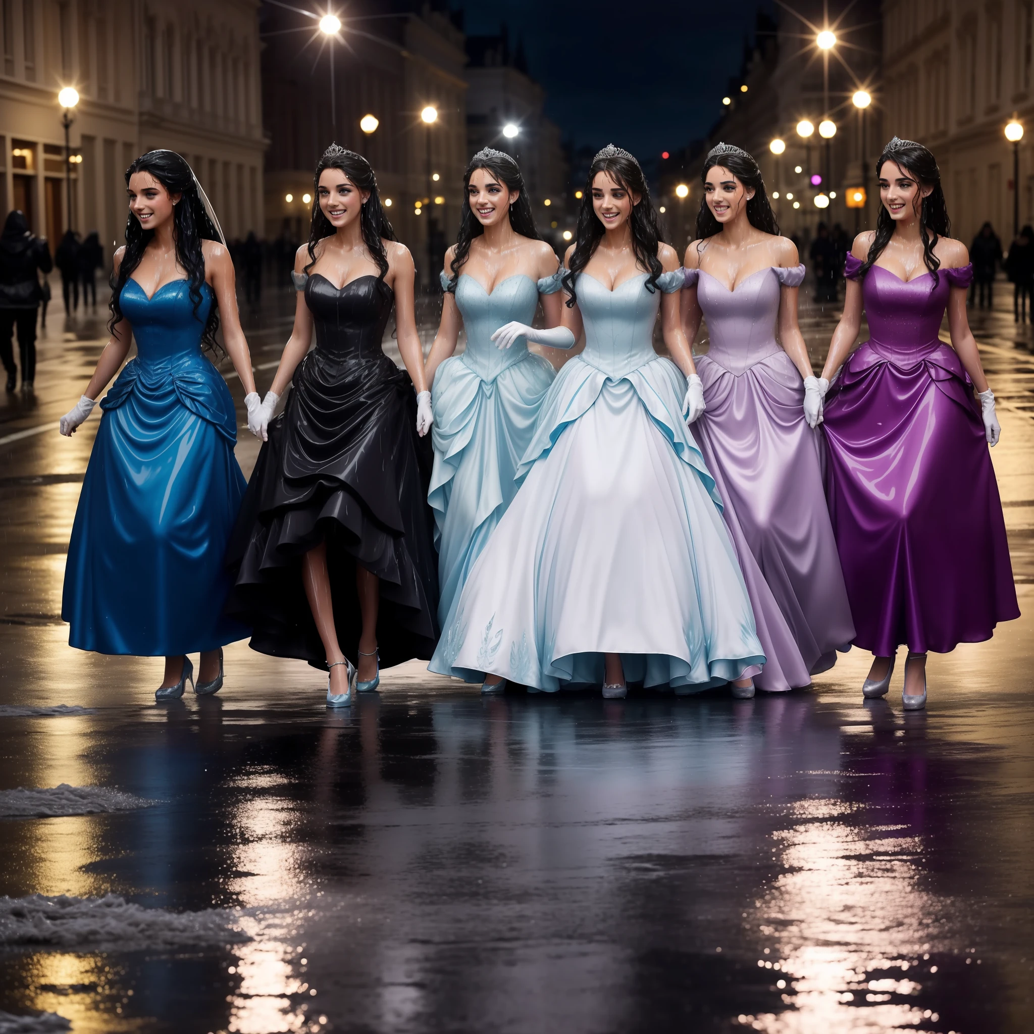 a group of beautiful princesses, dressed for a royal ball (ballgowns, long gloves, tiaras), dancing in the street at night in the rain, wet hair, wet dresses (((drenched))) (((soaked))) (((dishevelled))) (((clinging)))