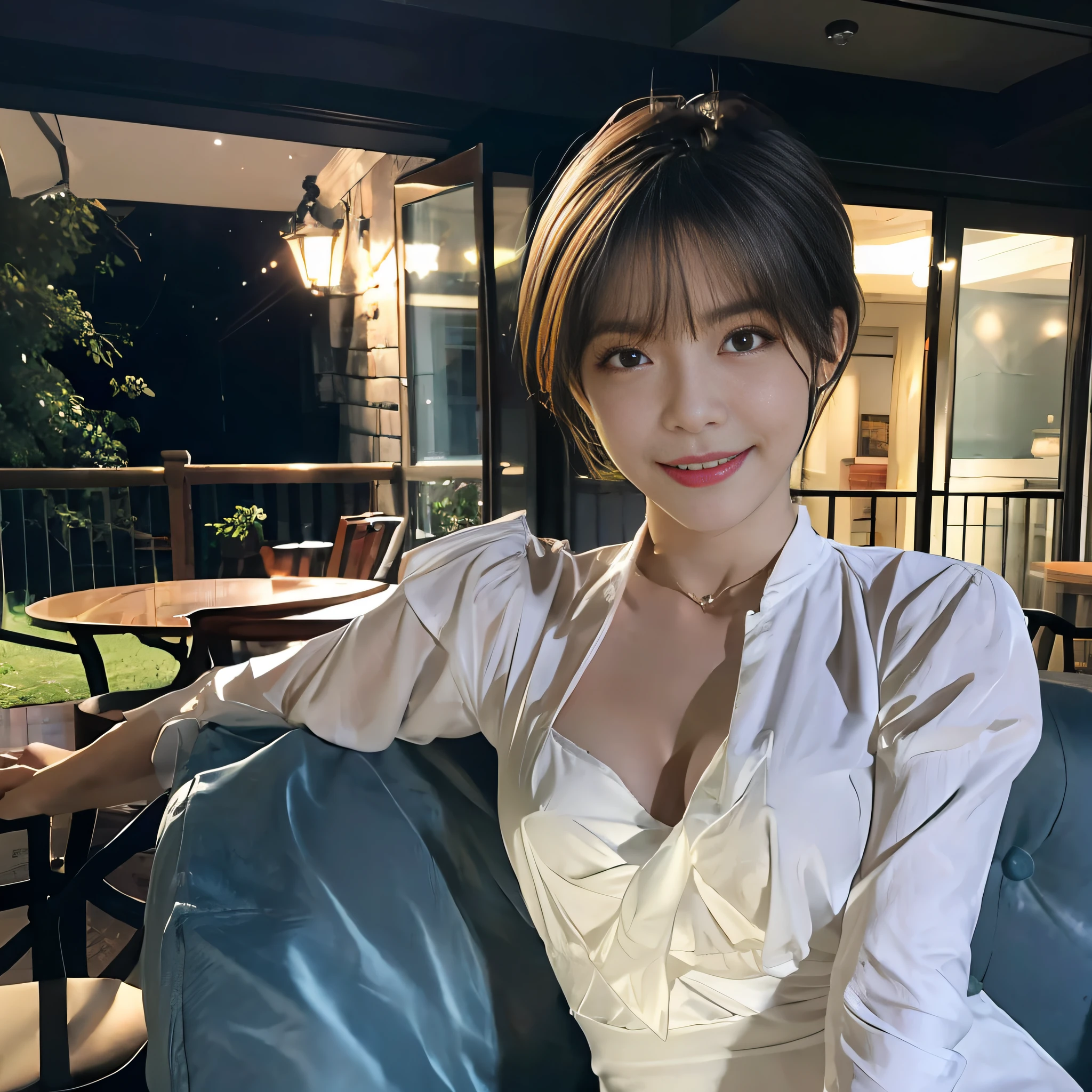 (8k, Best Quality, Masterpiece: 1.2), (Realistic, Realistic: 1.37), Ultra Detailed, 1 Girl, Cute, Solo, Beautiful Detailed Sky, Detailed Cafe, Night, Sitting, Dating, ( red nose), (smile: 1.15), (shut up) small breasts, beautiful and delicate eyes, (collared shirt: 1.1), night, wet, business attire, rain, white lace, (short hair: 1.2), flowing hair NovaFrogStyle,