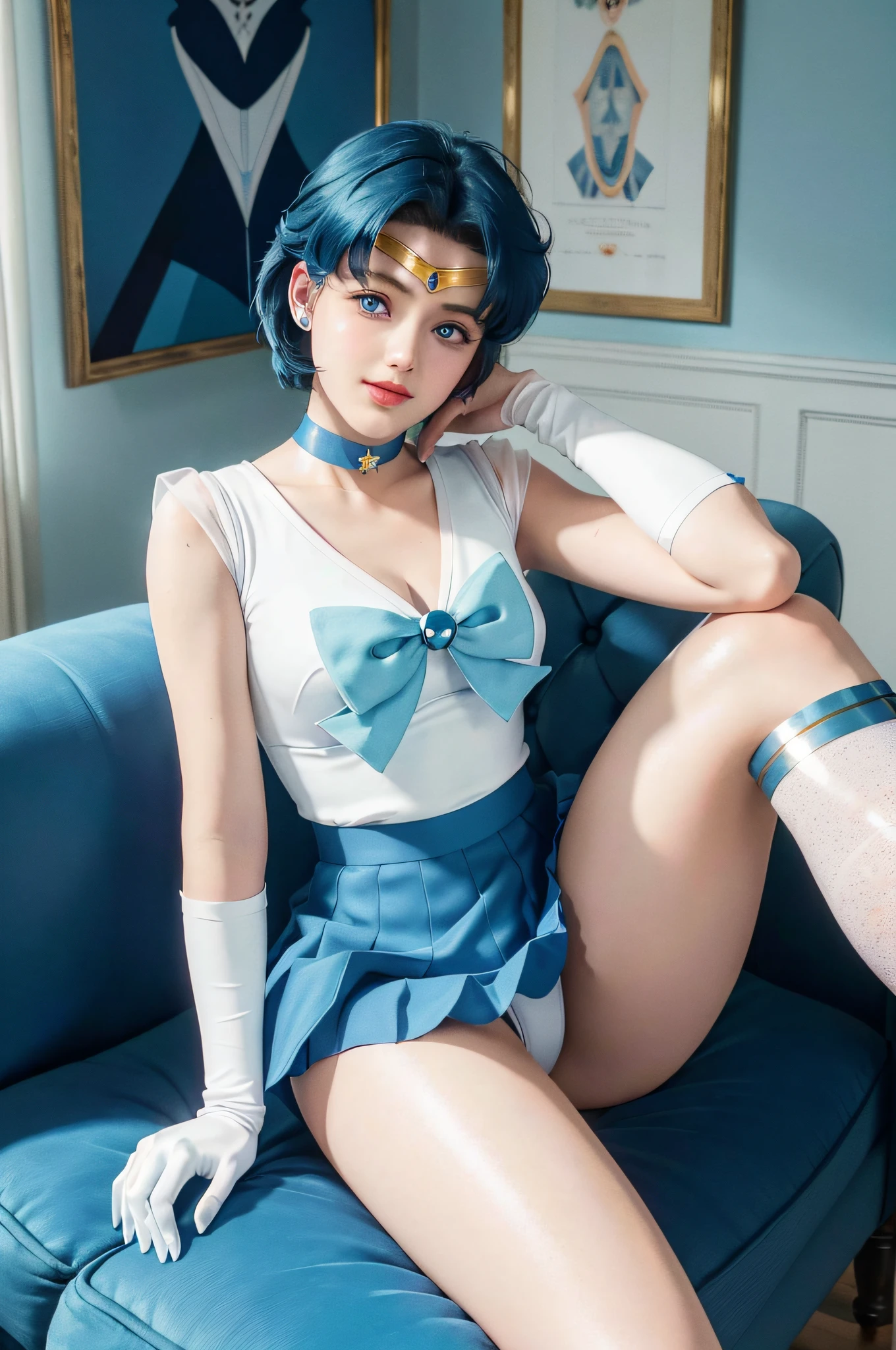 Masterpiece, Ultra Detailed, 1girl, Smile, Delicate Facial Features, Breasts, Gloves, Lips, Solo, Sailor Mercury, Blue Eyes, Smuniform, Mer1, Tiara, Sailor Senshi Uniform, (RAW photo, best quality), Masterpiece, Ridiculous, Sexy, Floating Short Blue Hair, Blue Sailor Collar, Bow, (Over-the-Knee Boots: 1.1), Choker, white gloves, blue choker, elbow gloves, jewelry, earrings, blue skirt, sole, full body, blue hair, (perfect hand drawn): 3.8, octane rendering, home setting, sitting on sofa, throw pillow