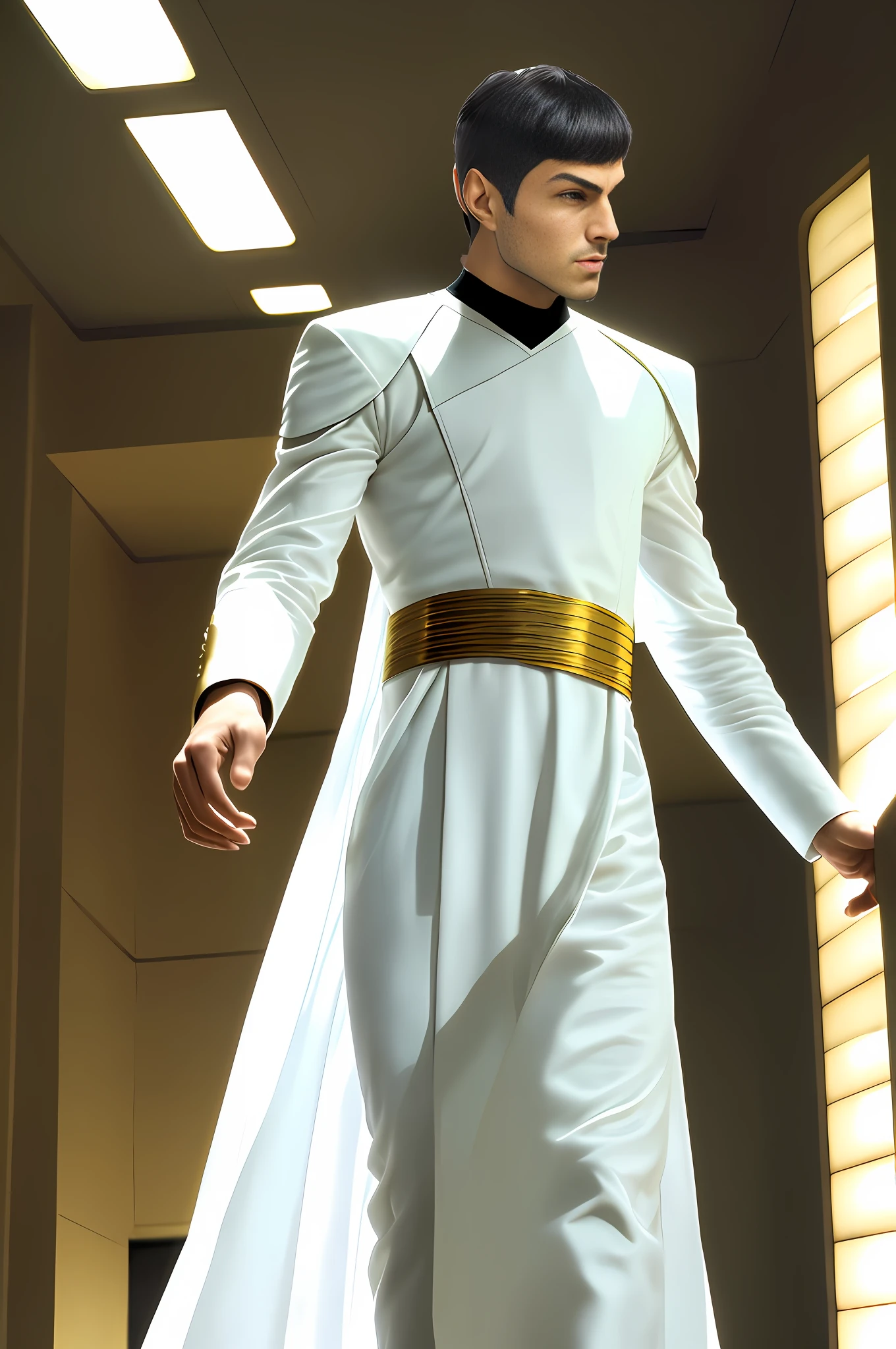 A la Fed Man in a White Gown, Spock's Eyebrows, Spock's Haircut, Male God Masterpiece, Spock, from Star Trek, Zachary Quint, Still from Star Trek, Leonard Nimoy, Young, Tall and Strong, Star Trek Movie, Serious, Star Trek, Star Trek Style, Star Trek Style, Powerful, Delicate Facial Features, Exquisite facial features