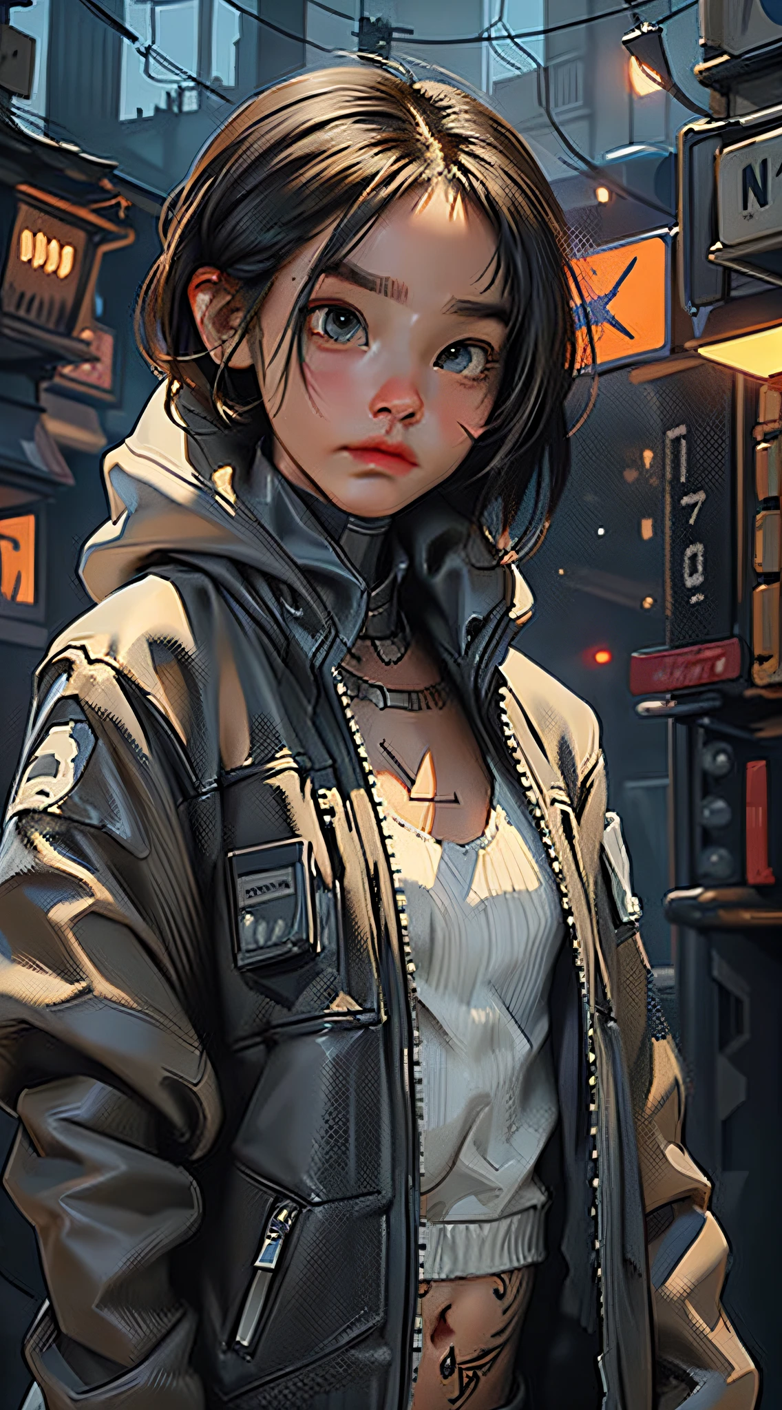 1Girl(techwear jacket,hood,neck tattoos and arm tattoos) in post-apocalypse world with a robot, ruined city, smoke, fog, lights