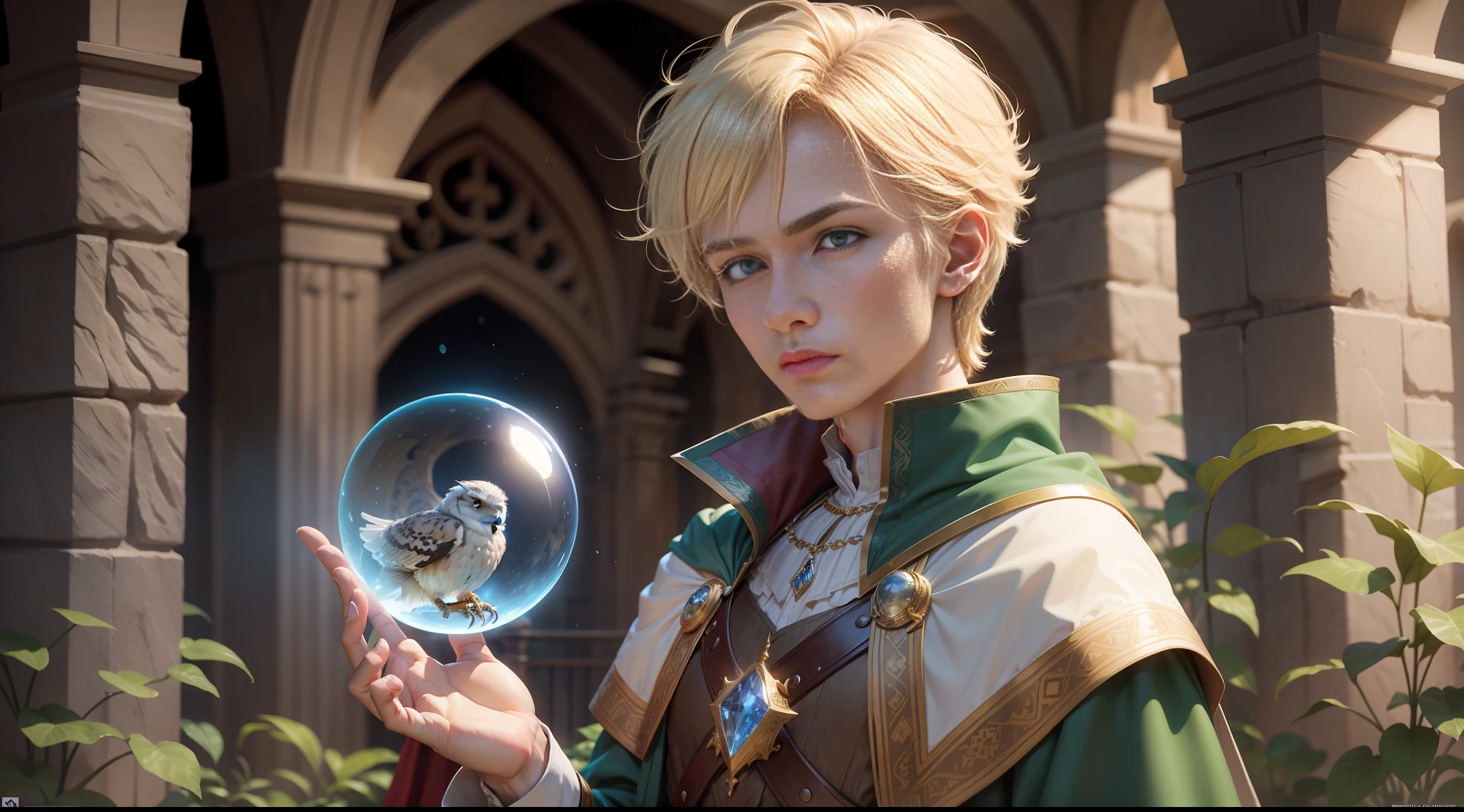 A young wizard, , with blonde hair, short hair, short hair, straight, beautiful green eyes, shy, ((high quality)), (masterpiece), (man 1:33, solo) wearing cape, holding a luminous crystal ball, masculine features, medieval clothes, has a small owl on his shoulder, white owl, magic flute, beautiful garden, realistic, 8k, UHD