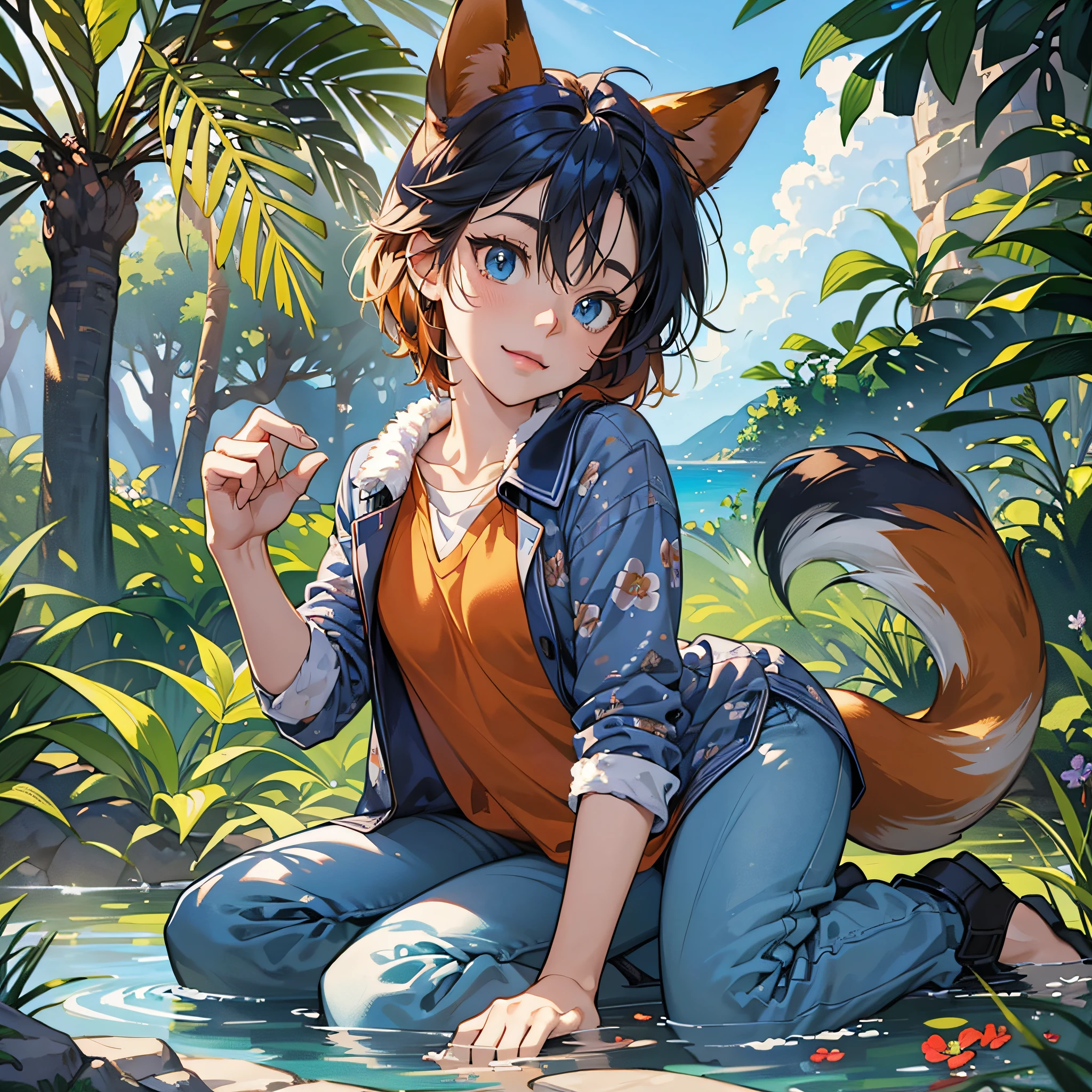 uploaded on e621, ((by Wildering, by Foxovh, by Disney)), Zootopia, solo (((nick wilde))) with ((neck tuft)) and (fluffy tail) and ((clear navy blue eyes)), ((half-length portrait)), ((wear blue hawaii floral shirt with grey pants)), BREAK, (detailed red fox nick wilde), (detailed lighting), ((detailed fluffy fur)), BREAK, ((sitting at island with plant and water on sunny day)), (cinematic lighting), ((detailed background)), ((depth of field)), (half body shadow), (((looking at viewer))), (high-angle view), ((three-quarter view)), [backlighting], [detailed ambient light], [gray natural lighting], [ambient light on the belly], [realistic proportions], [explicit content, adult, nsfw], [sharp focus], (questionable content), (shaded), (hi res), ((masterpiece)) --auto --s2