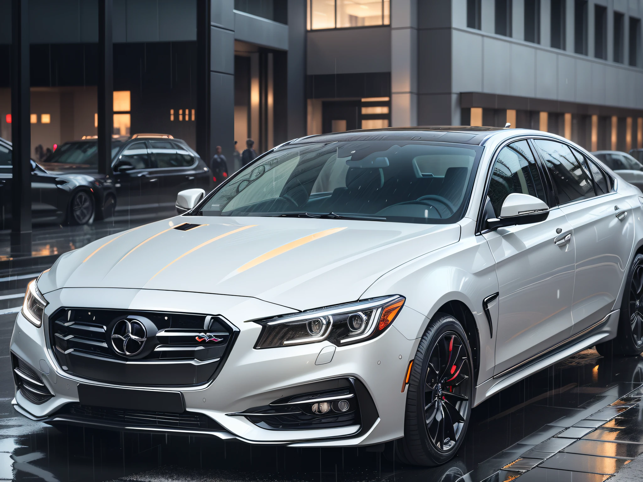 photo 8k dark and gloomy, luxury sedan white, in front of luxury building office, detailed face, detailed, (vibrant, realistic photo, realistic, dramatic, dark, sharp focus, 8k), wet floor, reflection, rain, lightning, LED headlight, light on