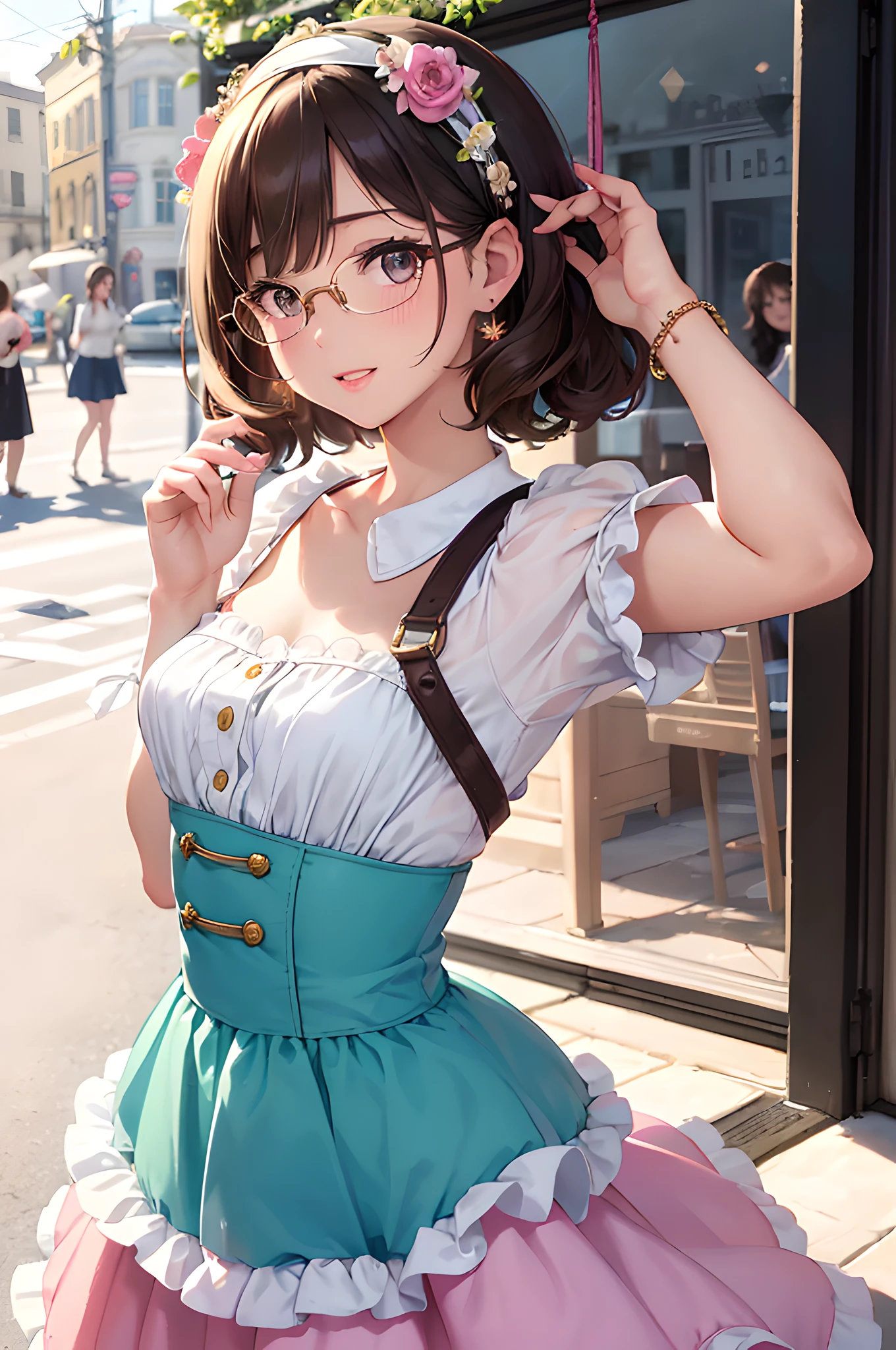 (masterpiece), (portrait), (aesthetic), (beautiful), (upper blody), (high quality), (aesthetic clothings), (professional angle), (rule of thirds), (Feminine), (woman), (female), (beautiful),(feminine features), (25 years), solo, 1 woman, (attractive 60's Girl), Spring, Soft light, ((Dancing Swing)), (Twirling), Vintage Makeup, (Small bust), ((Vintage Handbag)), (Front face), (Joyful expression), ((Retro)), (Flower Headband), ((Medium hair)), (Brunette hair), (Beehive hair), (Thick hair), Lustrous shine hair, (Cat-Eye Glasses in hair), (Brown eyes), (Classic and Playful look), (Fair skin), (Pastel Colors clothing), (A-Line Dress), (-), (Petticoat Skirt), Sweetheart neckline), ((Retro Cafe background)), (Medium Shot Shot), beautiful hands, two hands, normal hands, two arms, complete hands, beautiful body, beautiful fingers, normal fingers, five fingers, five fingers, (Thumb index meddle ring little fingers), beautiful ears, normal ears, beautiful eyes, shiny eyes, beautiful mouth, beautiful lips,