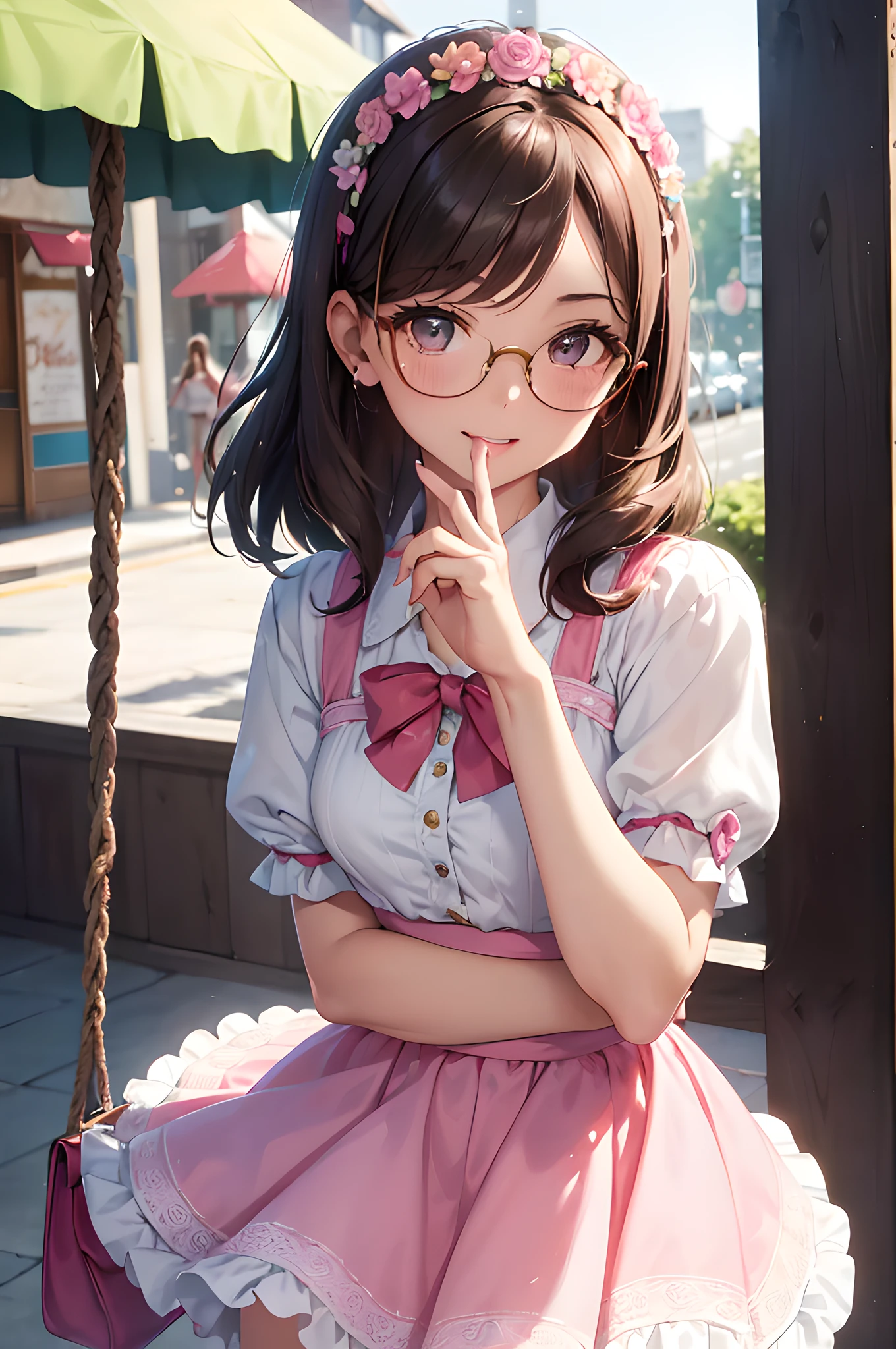 (masterpiece), (portrait), (aesthetic), (beautiful), (upper blody), (high quality), (aesthetic clothings), (professional angle), (rule of thirds), (Feminine), (woman), (female), (beautiful),(feminine features), (25 years), solo, 1 woman, (attractive 60's Girl), Spring, Soft light, ((Dancing Swing)), (Twirling), Vintage Makeup, (Small bust), ((Vintage Handbag)), (Front face), (Joyful expression), ((Retro)), (Flower Headband), ((Medium hair)), (Brunette hair), (Beehive hair), (Thick hair), Lustrous shine hair, (Cat-Eye Glasses in hair), (Brown eyes), (Classic and Playful look), (Fair skin), (Pastel Colors clothing), (A-Line Dress), (-), (Petticoat Skirt), Sweetheart neckline), ((Retro Cafe background)), (Medium Shot Shot), beautiful hands, two hands, normal hands, two arms, complete hands, beautiful body, beautiful fingers, normal fingers, five fingers, five fingers, (Thumb index meddle ring little fingers), beautiful ears, normal ears, beautiful eyes, shiny eyes, beautiful mouth, beautiful lips,