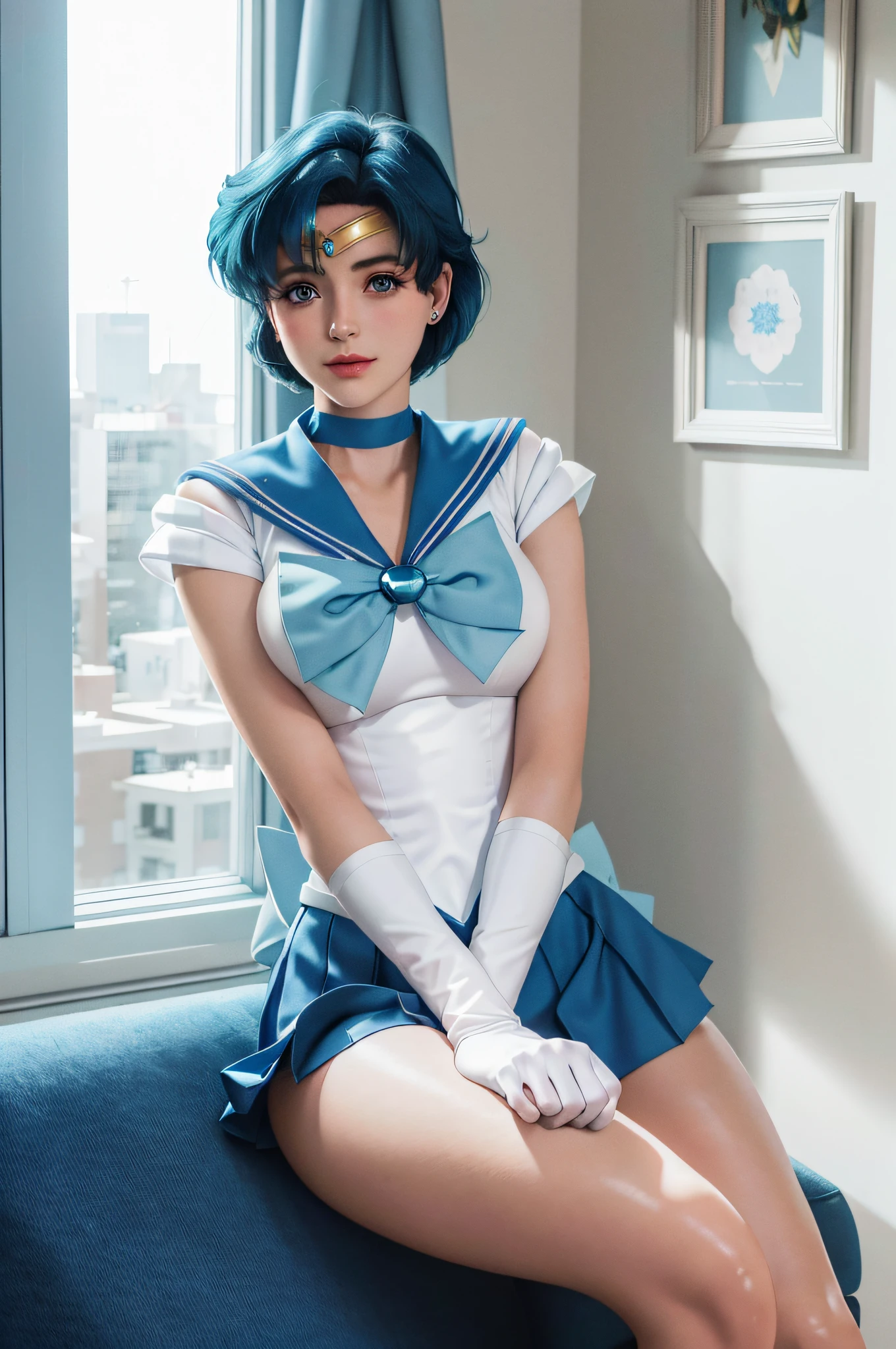 Masterpiece, super detailed, 1girl, smile, delicate facial features, big breasts, gloves, lips, solo, sailor mercury, blue eyes, smuniform, mer1, tiara, sailor senshi uniform, (RAW photo, best quality), masterpiece, ridiculous, sexy, floating short blue hair, blue sailor collar, bow, (over the knee boots: 1.1), choker, white gloves, blue choker, elbow gloves, jewelry, earrings, blue skirt, sole, full body, blue hair, (perfect hand drawn): 3.8, octane rendering, home environment, sitting on sofa, throw pillow, sunset shining into the room from the window