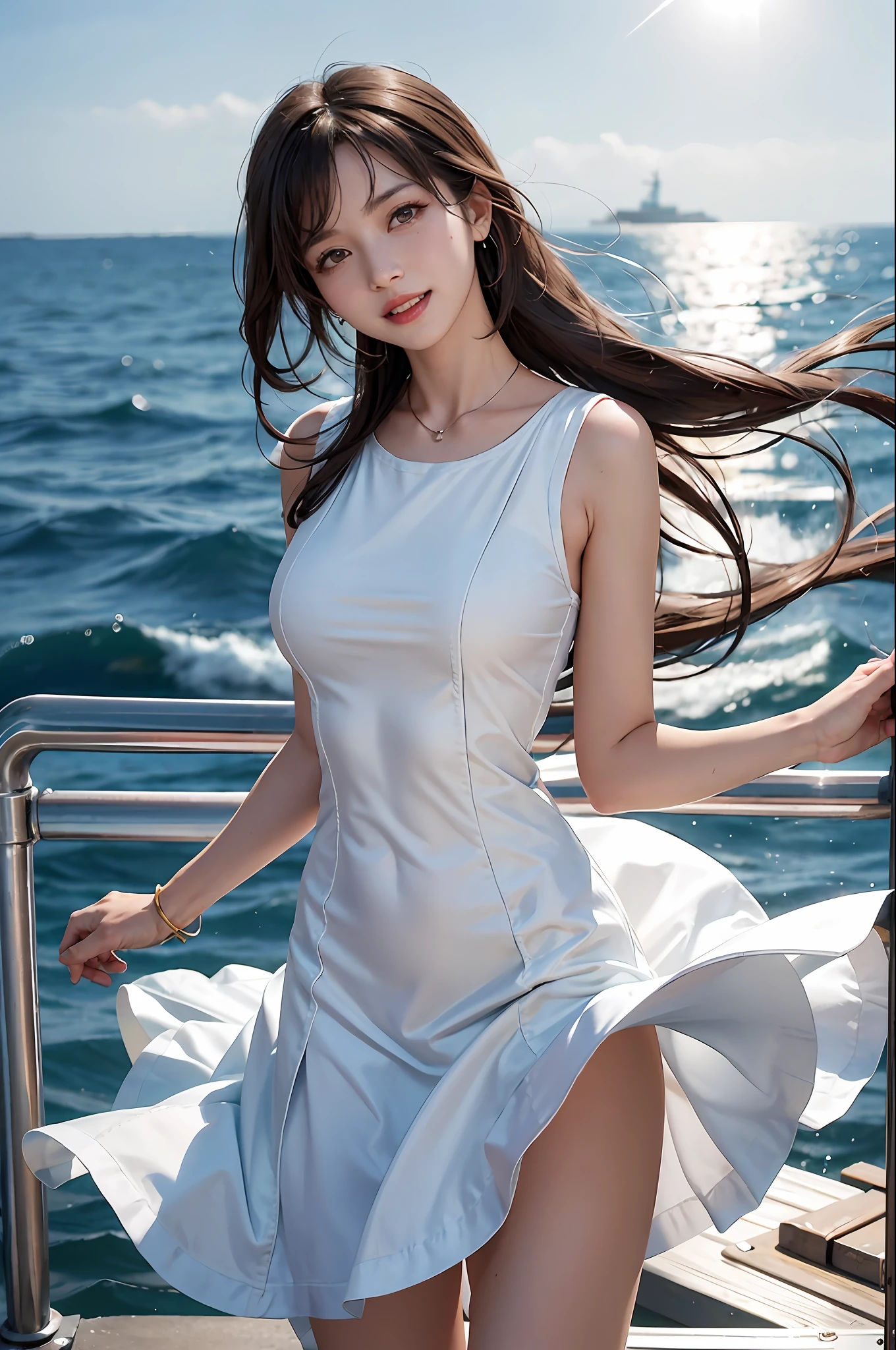 1 girl,, (loud laughter), sweet, sun glare, tifa, dress conservatively, sailor suit, neck ring, bokeh, depth of field, blurred background, light particles, strong wind, head tilt, cruise ship, cabin, sea surface, life buoy