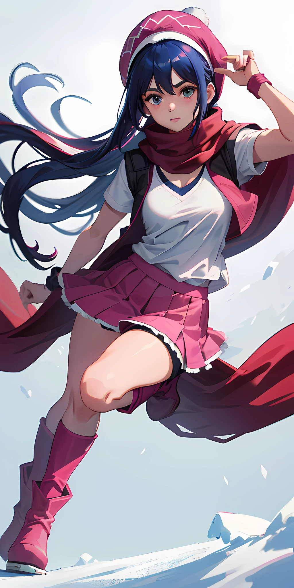 (masterpiece, best quality), 1woman, long hair, blue hair, white T-shirt, black vest, pink skirt, red scarf, white winter hat, pink riding boots, black stockings,
