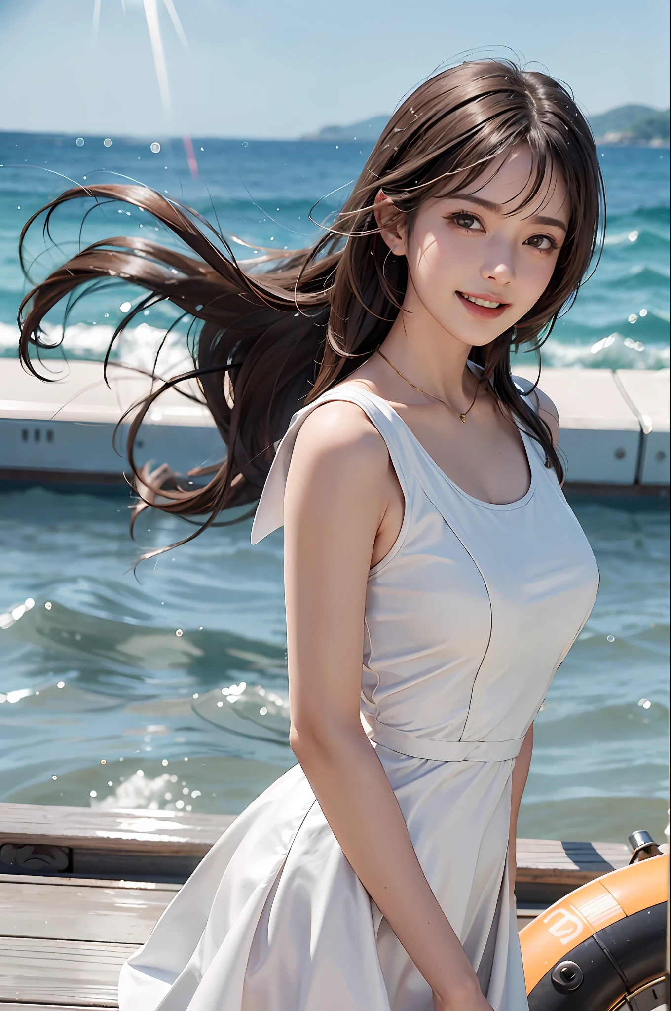 1 girl,, (loud laughter), sweet, sun glare, tifa, dress conservatively, sailor suit, neck ring, bokeh, depth of field, blurred background, light particles, strong wind, head tilt, cruise ship, cabin, sea surface, life buoy