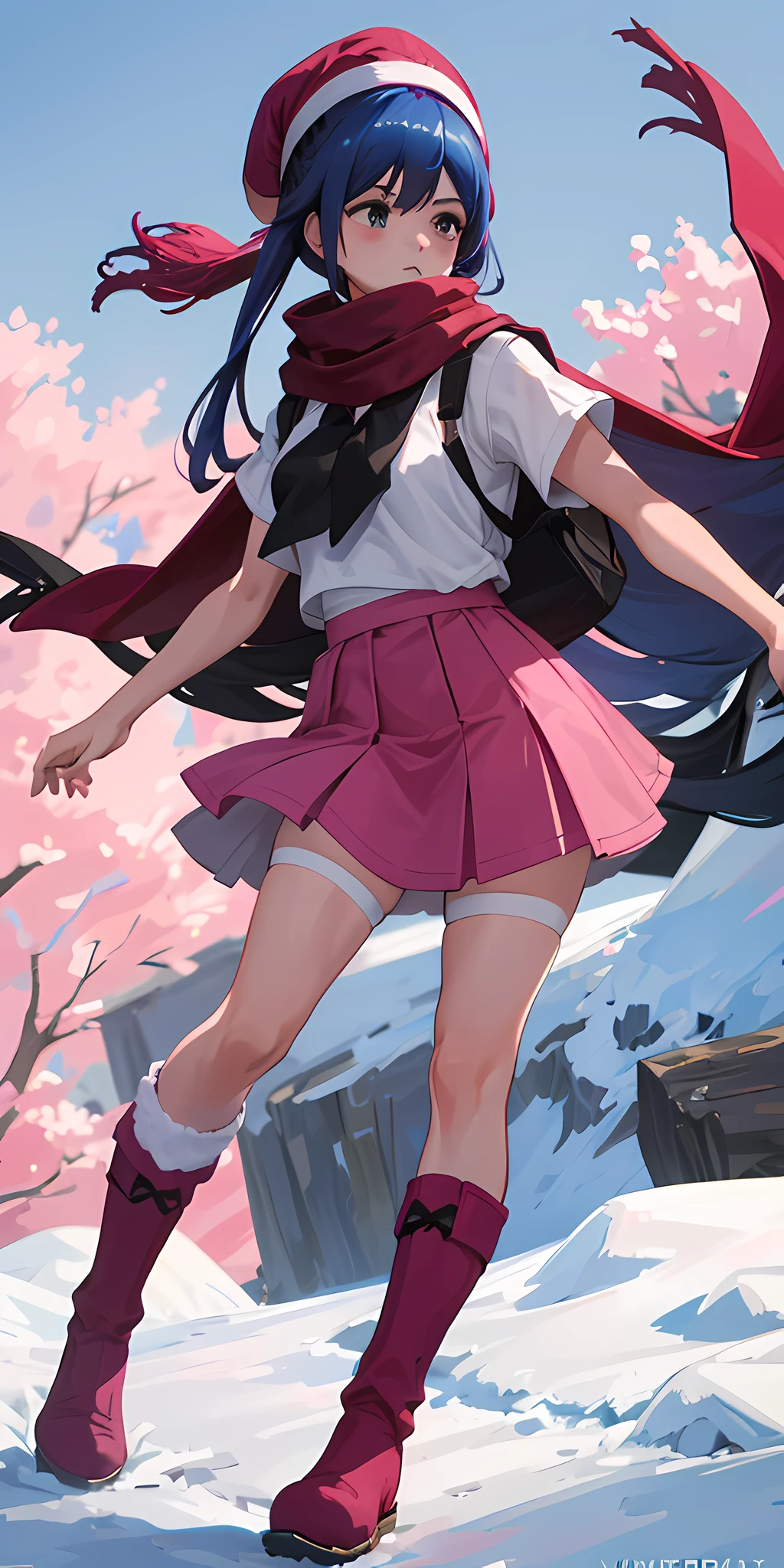 (masterpiece, best quality), 1woman, long hair, blue hair, white T-shirt, black vest, pink skirt, red scarf, white winter hat, pink riding boots, black stockings,