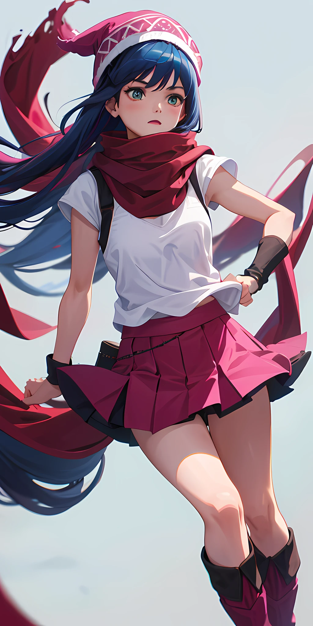 (masterpiece, best quality), 1woman, long hair, blue hair, white T-shirt, black vest, pink skirt, red scarf, white winter hat, pink riding boots, black stockings,