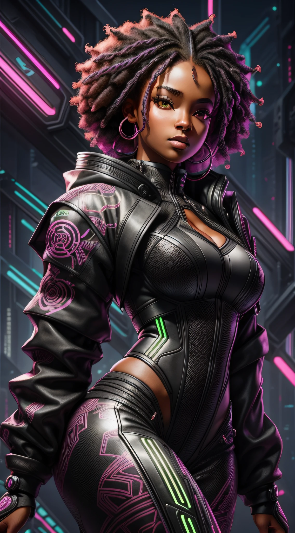 "Beautiful black woman, exuberant and dressed in high-quality Afrosamurai Techwear clothing, in a futuristic and cool setting, with neon lights and contrasting shadows."