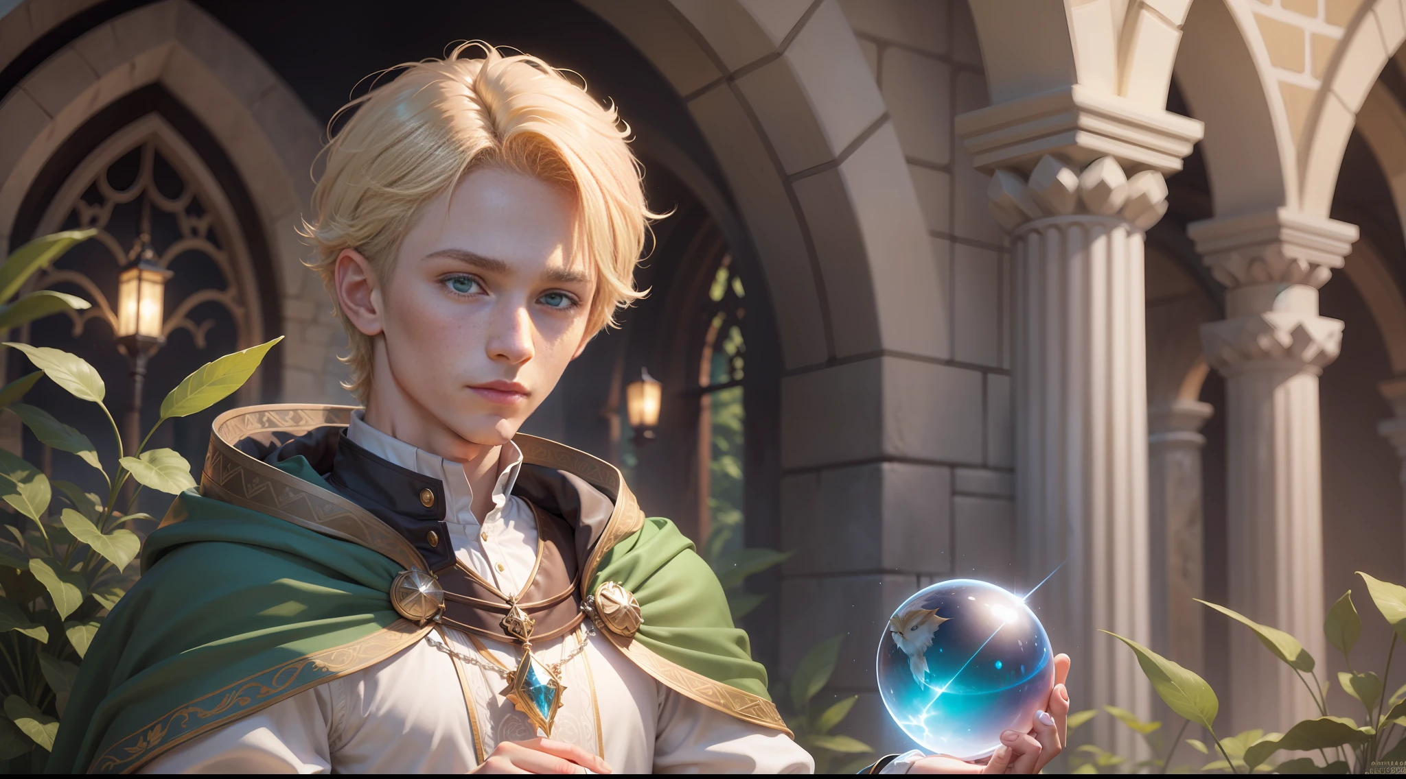 A young wizard, 17 years old, with blonde hair, short hair, short hair, straight, beautiful green eyes, shy, ((high quality)), (masterpiece), (man 1:33, solo) wearing cape, holding a luminous crystal ball, masculine features, medieval clothes, has a small owl on his shoulder, white owl, magic flute, beautiful garden, realistic, 8k, UHD