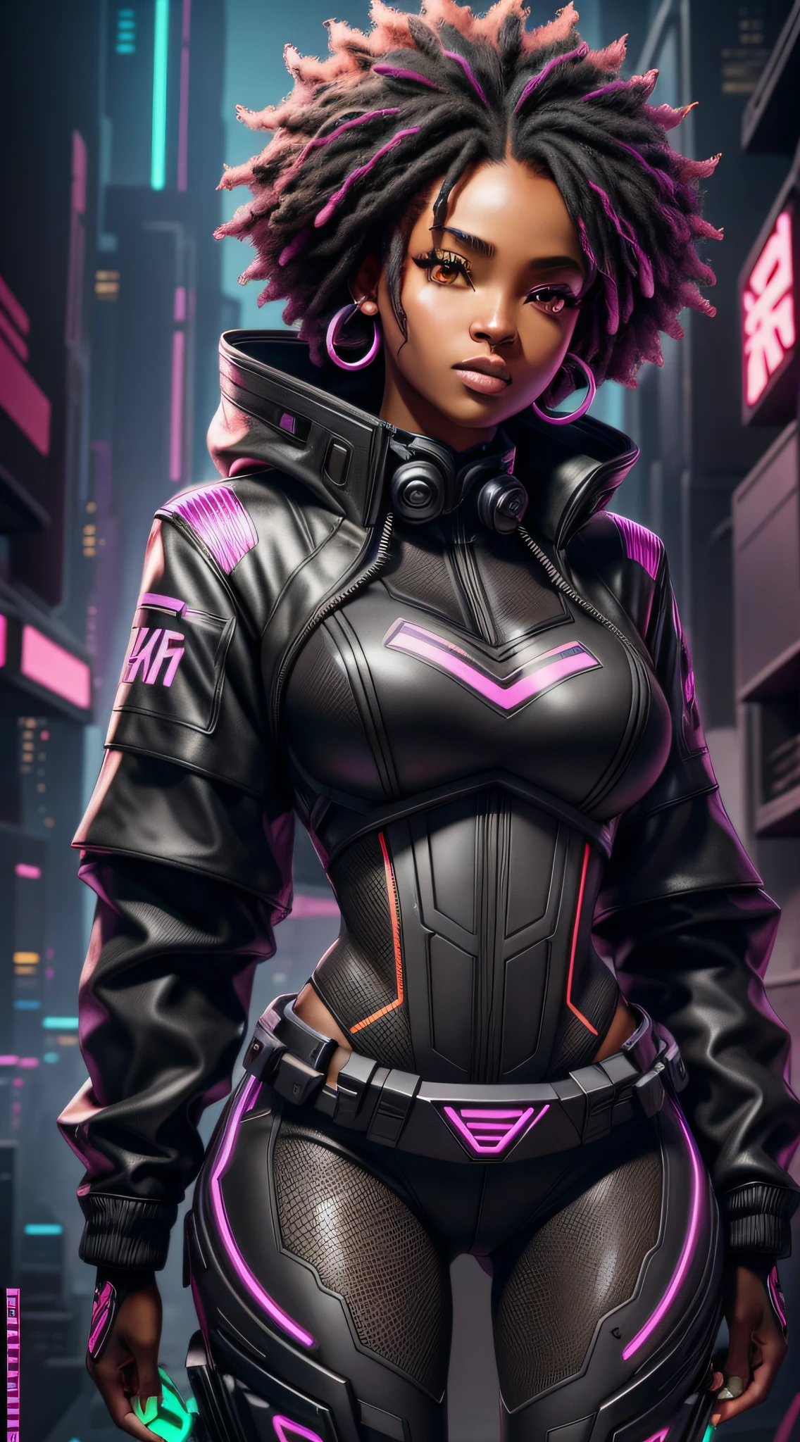 "Beautiful black woman, exuberant and dressed in high-quality Afrosamurai Techwear clothing, in a futuristic and cool setting, with neon lights and contrasting shadows."