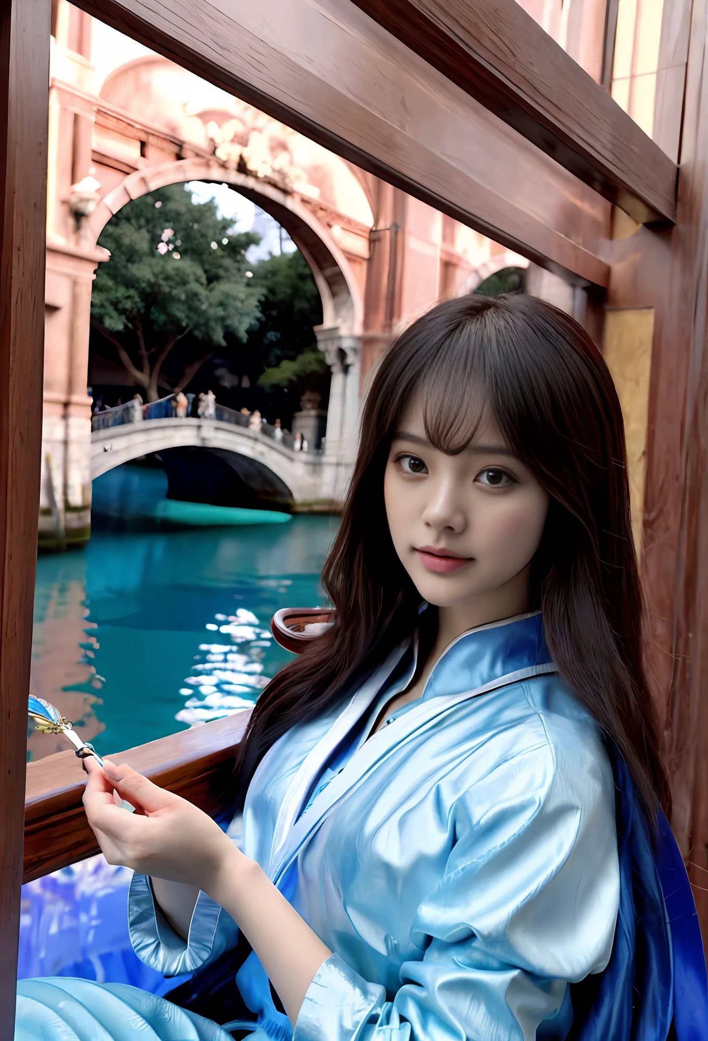 modelshoot style, (extremely detailed CG unity 8k wallpaper), full shot body photo of the most beautiful artwork in the world, stunningly beautiful photo realistic cute women, a hyper realistic ultra detailed photograph of a beautiful girl as a female 2020s dancer on the boat of 2020s Venice,(Bridge Of Sighs background),(princess eyes,shiny pupils), detailed symmetric beautiful hazel eyes, detailed gorgeous face,highly detailed, vibrant,professional majestic oil painting by Ed Blinkey, Atey Ghailan, Studio Ghibli, by Jeremy Mann, Greg Manchess, Antonio Moro, trending on ArtStation, trending on CGSociety, Intricate, High Detail, Sharp focus, dramatic, photorealistic painting art by midjourney and greg rutkowski