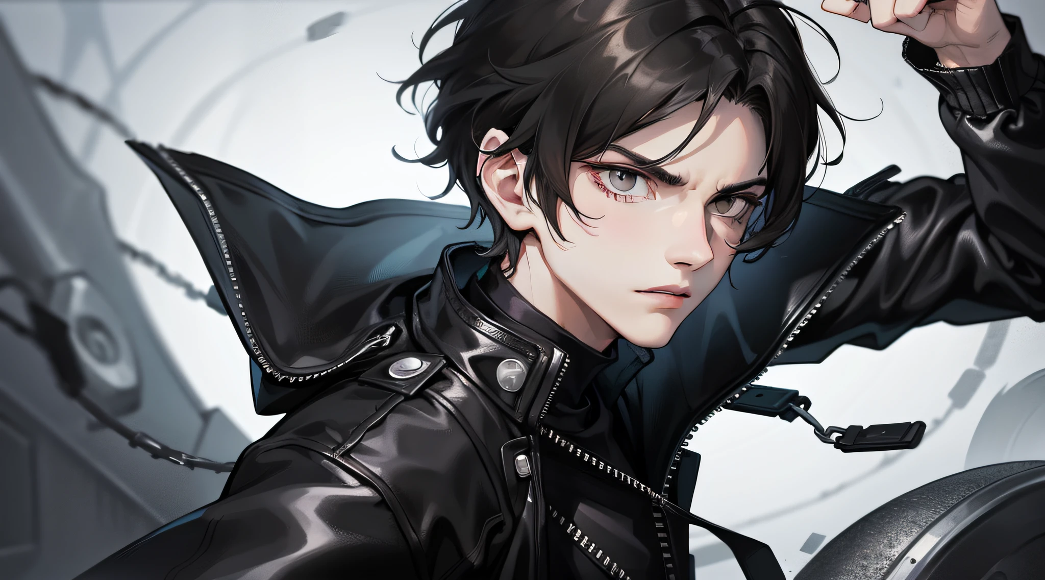 A young man with upper body, straight face, serious face, short black hair, black storm jacket