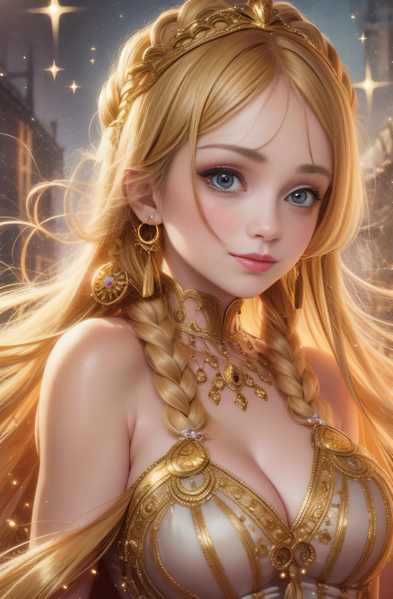 best quality, masterpiece, upper body,
(adult:1.6) hungarian woman, (smirk:0.4), arms behind head,
braided golden hair,
sparkling eyes,
victorian sundress,
floating light particles, centered,