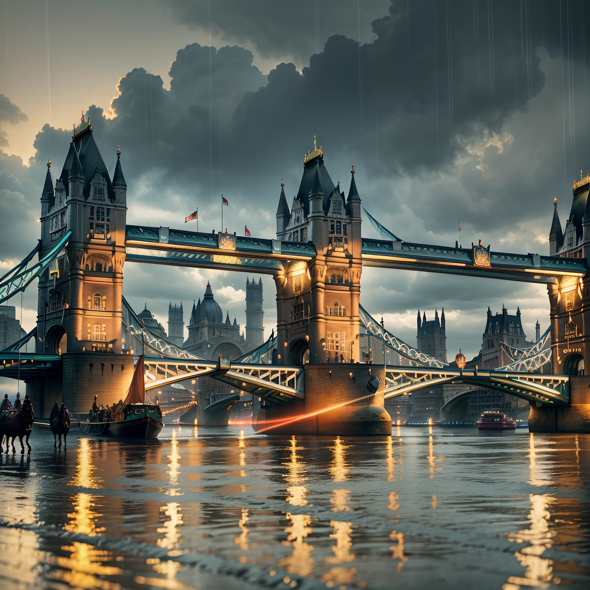 Best image quality, exotic style, antique tower bridge and clock tower in the light of rain, horse-drawn carriages on the streets of England, silhouettes of Sherlock Holmes adventures come into view. --auto --s2