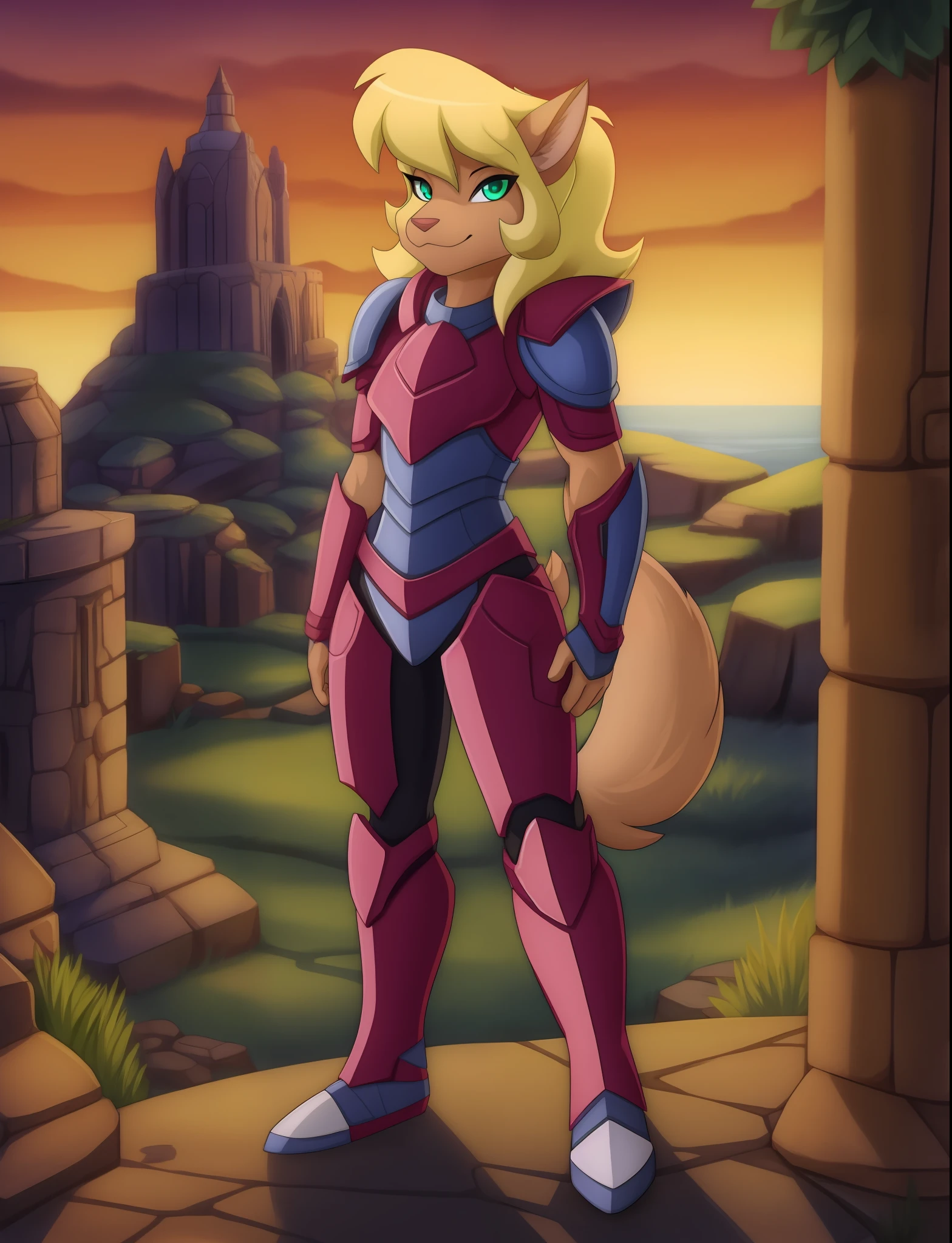 1girl, solo, furry, armor, full body, tail, arms behind back, looking at viewer,
