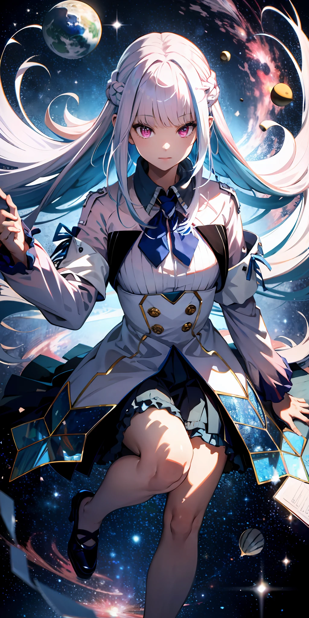 Absurd resolution, high resolution, (masterpiece: 1.4), super detailed, girl alone, from above, space, floating, long hair, pink eyes