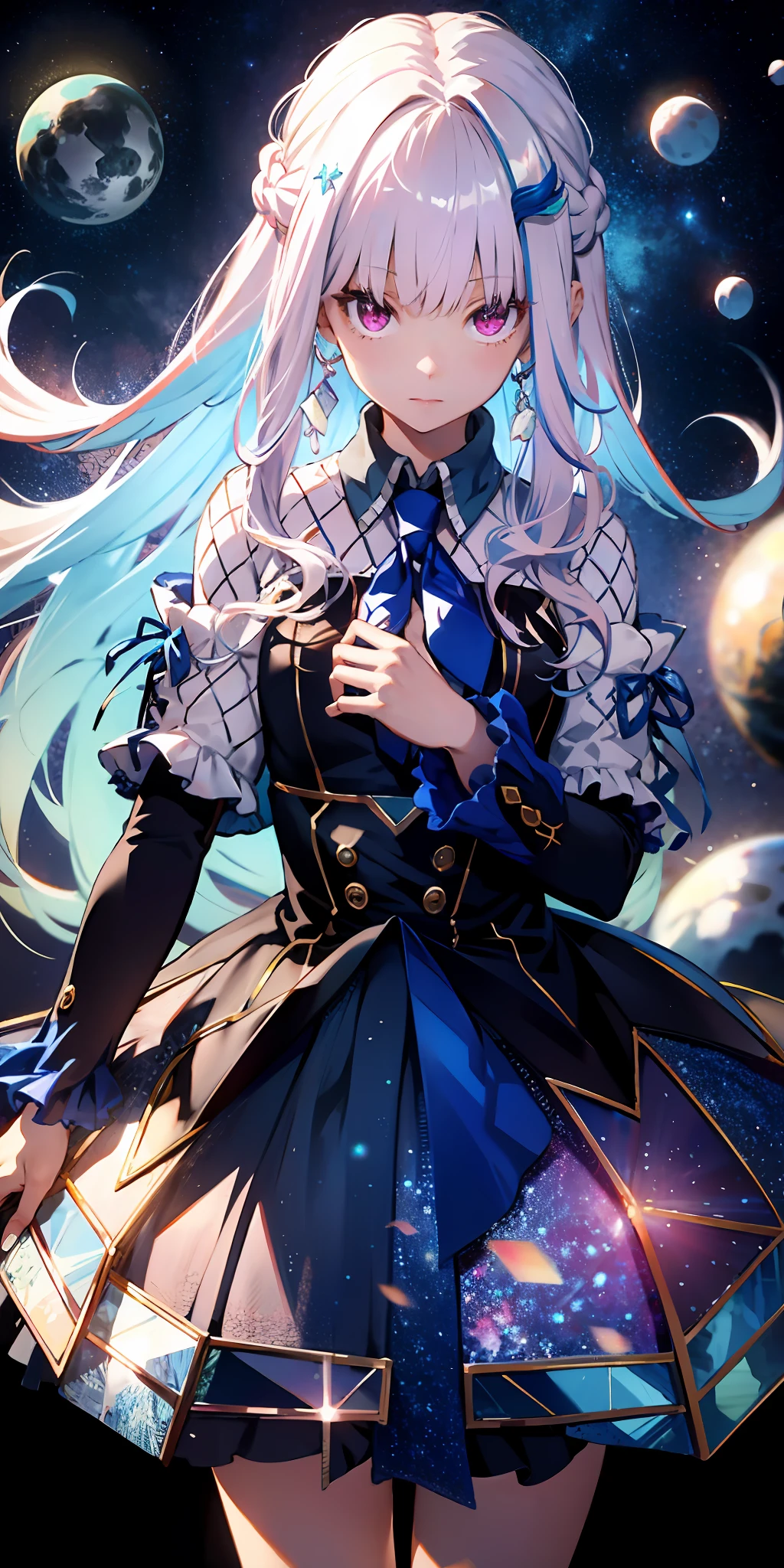 Absurd resolution, high resolution, (masterpiece: 1.4), super detailed, girl alone, from above, space, floating, long hair, pink eyes