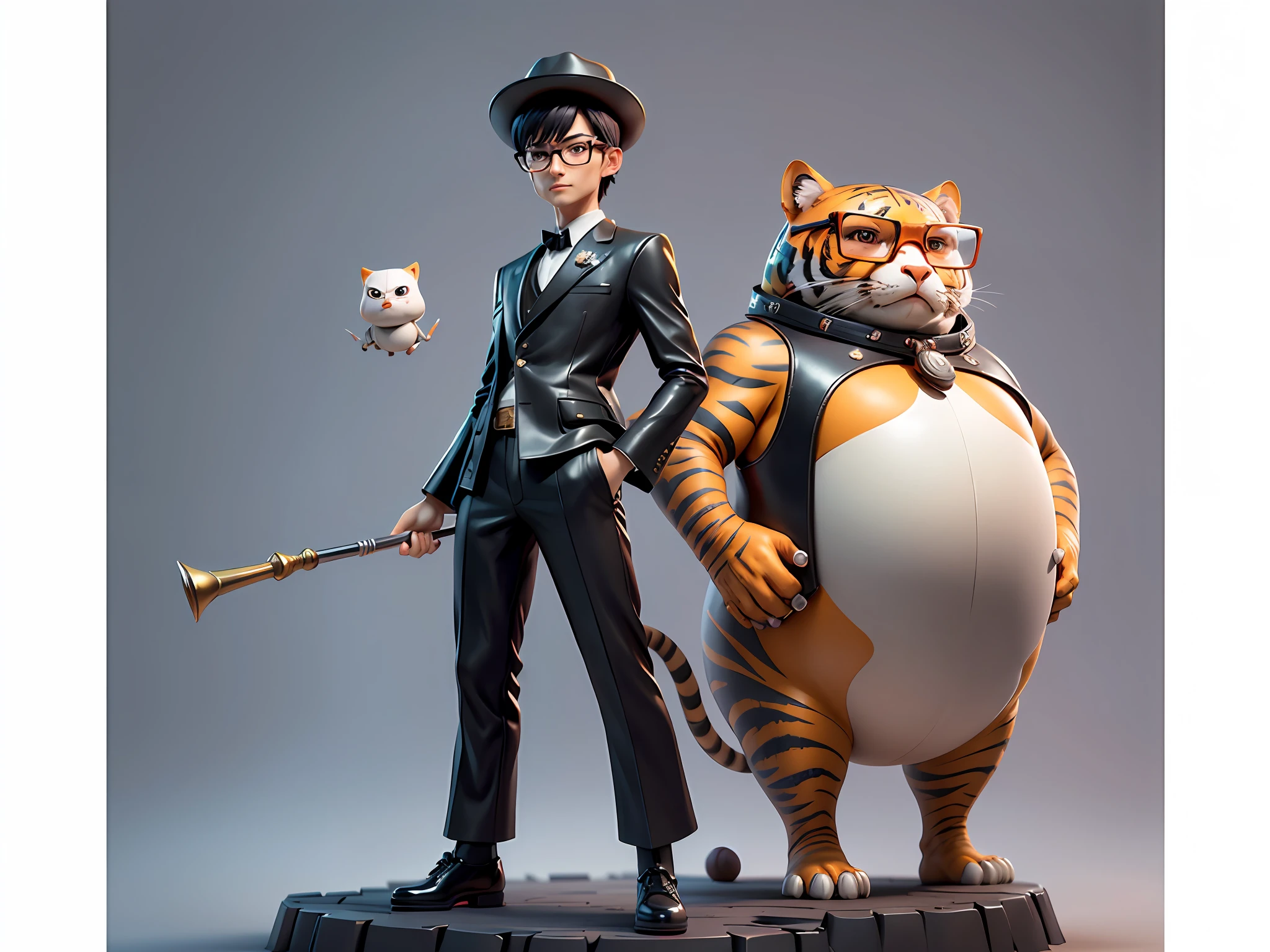 Young man with oriental face in leather hat, tiger, oriental face in formal suit, short black hair, silver glasses, digital painting, 3D character design by Mark Clairedon and Pixar and Hayao Miyazaki and Akira Toriyama, the illustration is a high-definition illustration in 4K resolution with very detailed facial features and cartoon-style visuals.