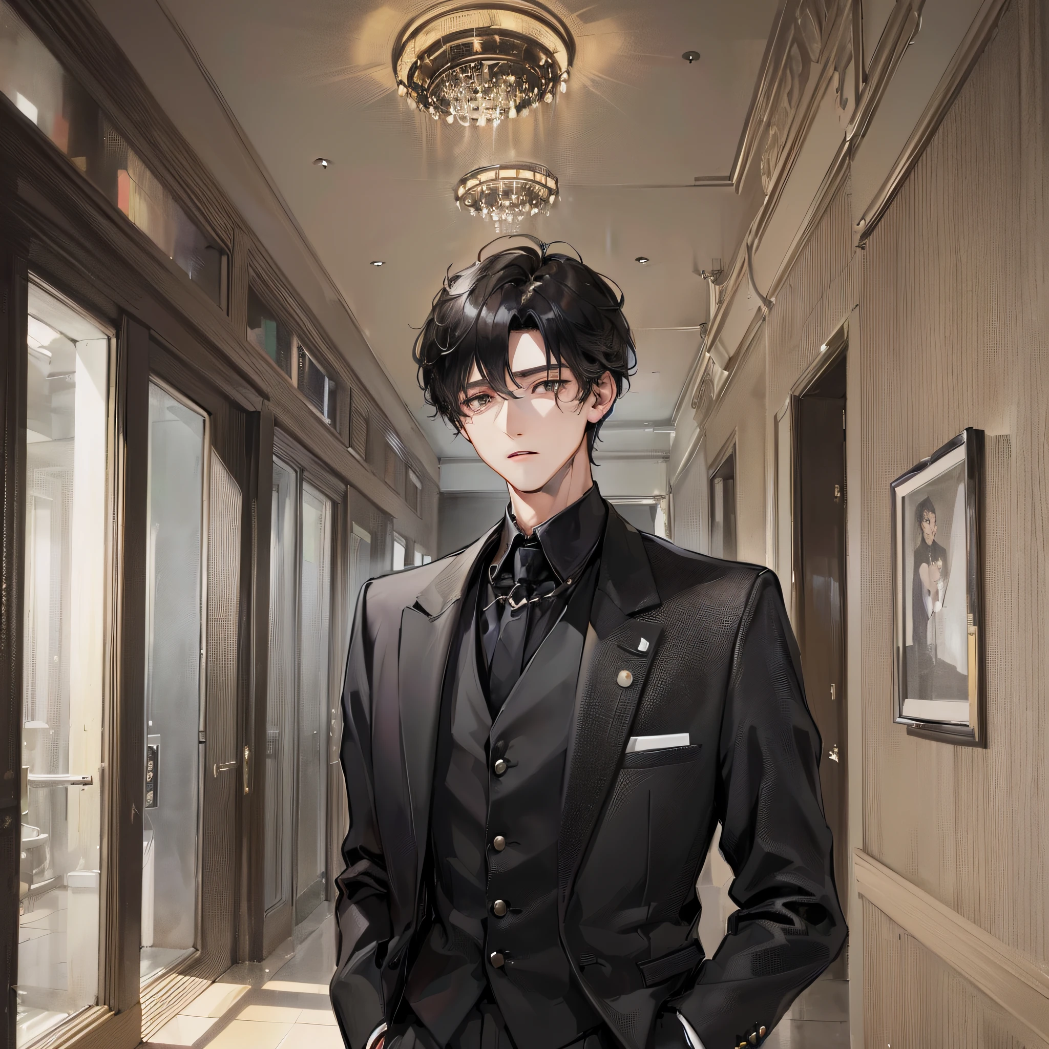 (A 20-year-old boy wearing a black suit and short black hair; 1.5)
(Standing in the hotel lobby; 1.6)
(Nodding slightly, expression natural; 1.7)