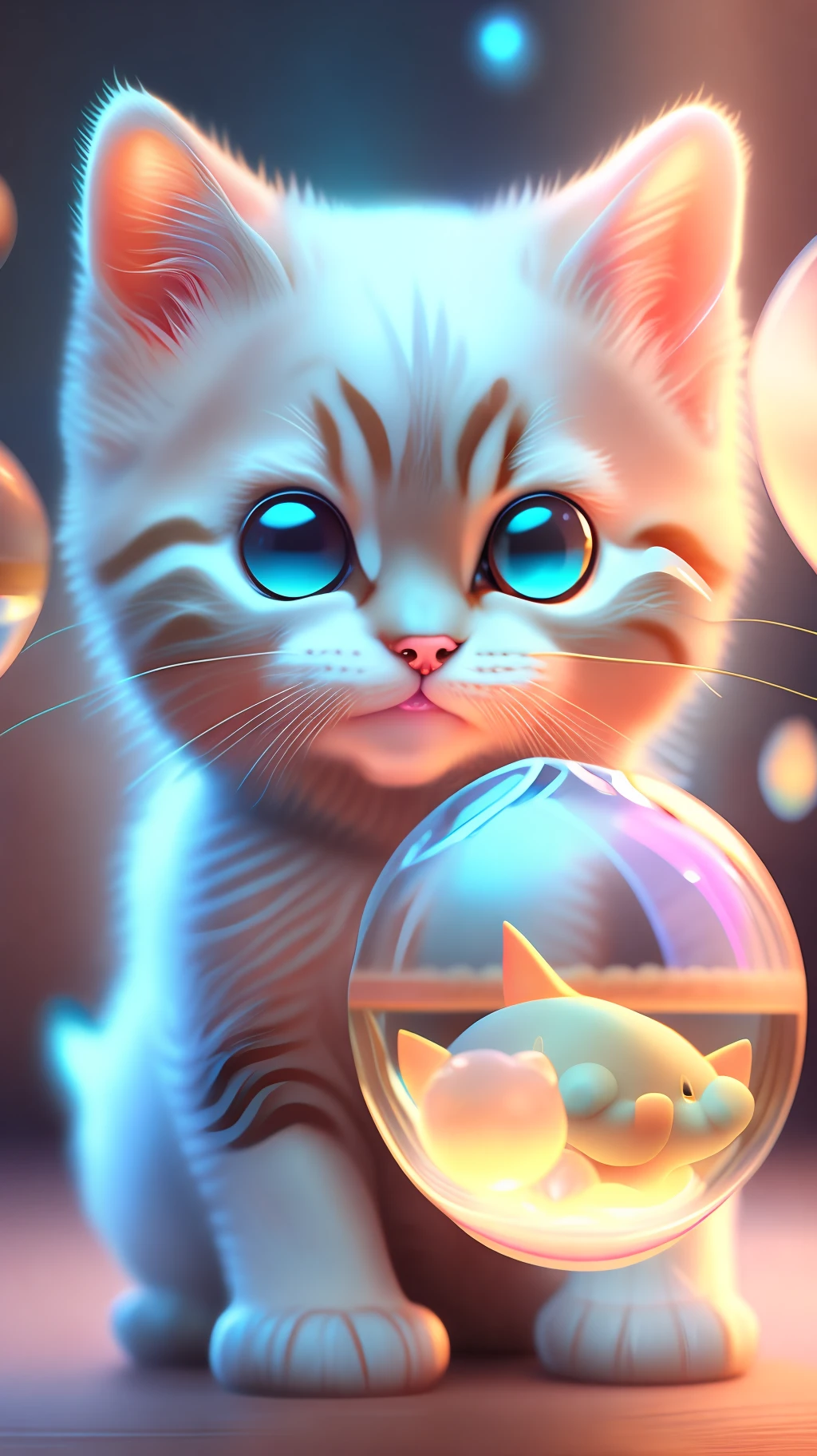 A cute kitten, made of a crystal ball, open mouth, laugh, Morandi color system, highly detailed complex concept art trend with low-poly eyes artstation 8k, laughing !!