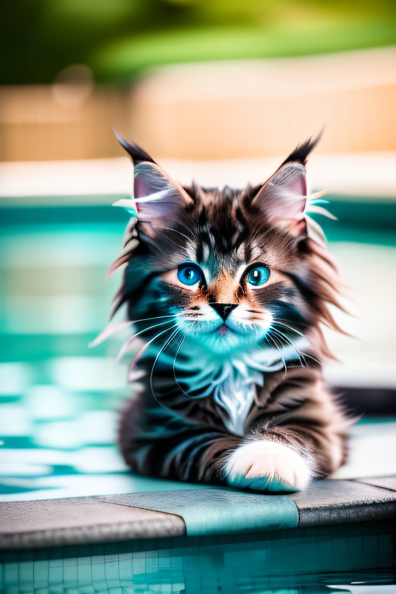 Hyper Quality,Cute Maine Coon cat kitten,swimming in the pool,barking,narrow eyes,smile,eos r3 28mm