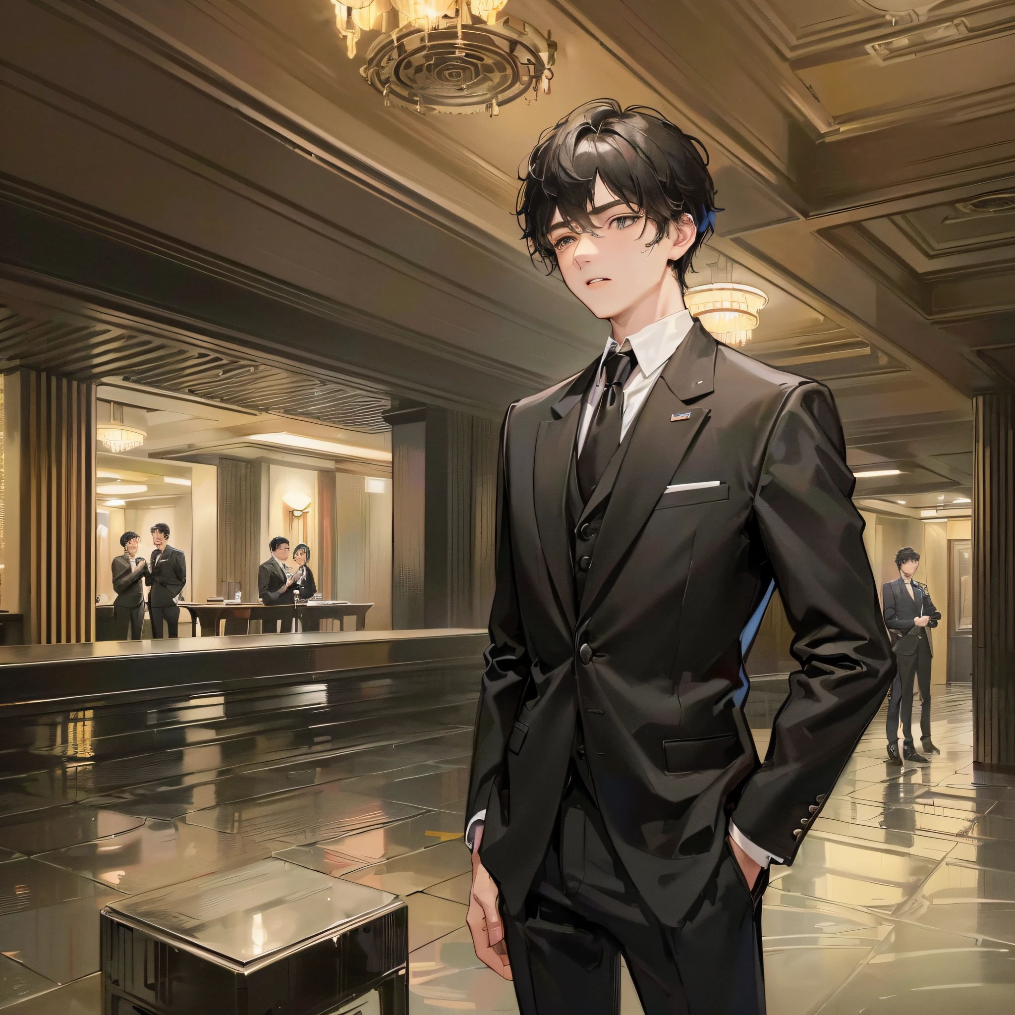 (A 20-year-old boy wearing a black suit and short black hair; 1.5)
(Standing in the hotel lobby; 1.6)
(Nodding slightly, expression natural; 1.7)