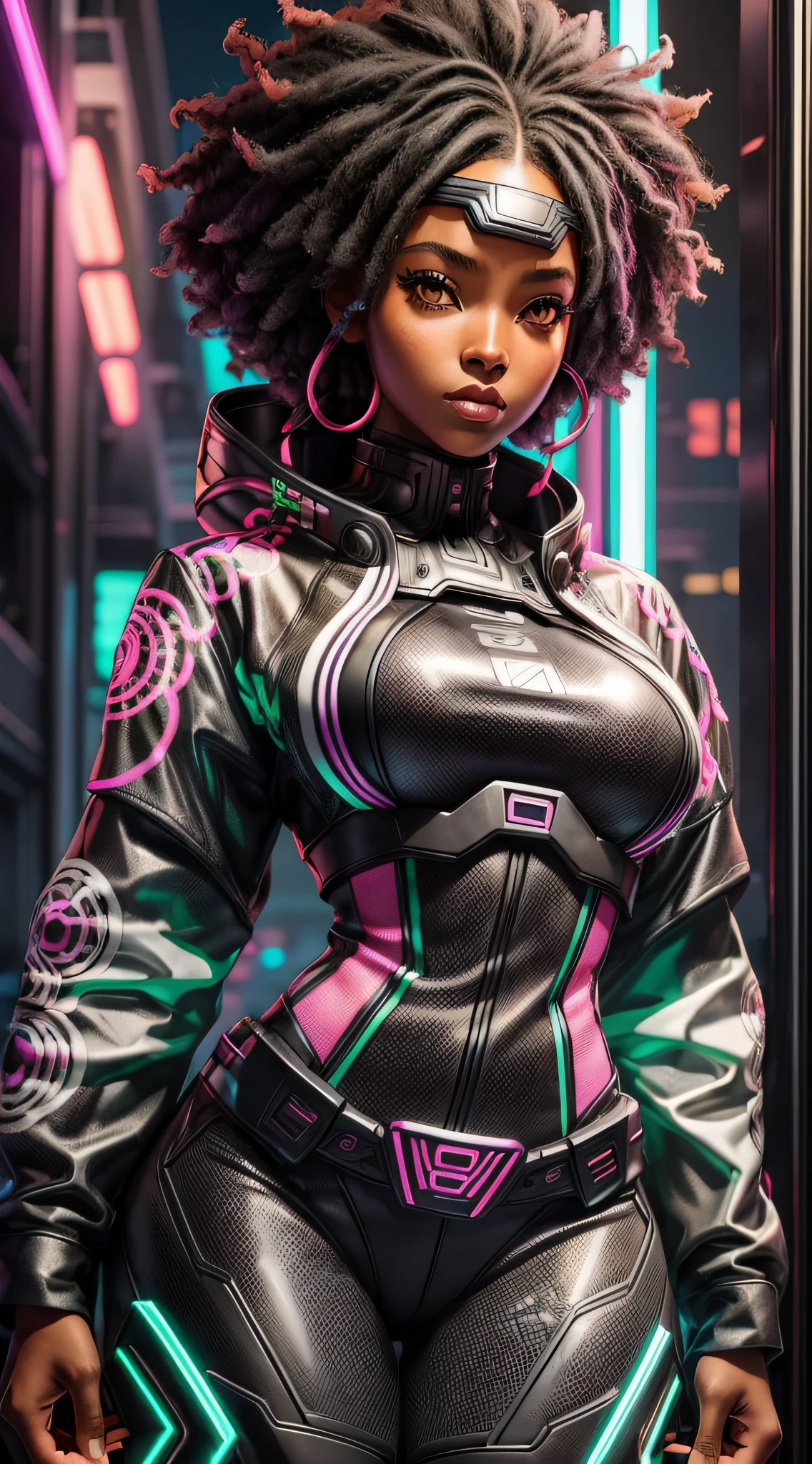 "Beautiful black woman, exuberant and dressed in high-quality Afrosamurai Techwear clothing, in a futuristic and cool setting, with neon lights and contrasting shadows."