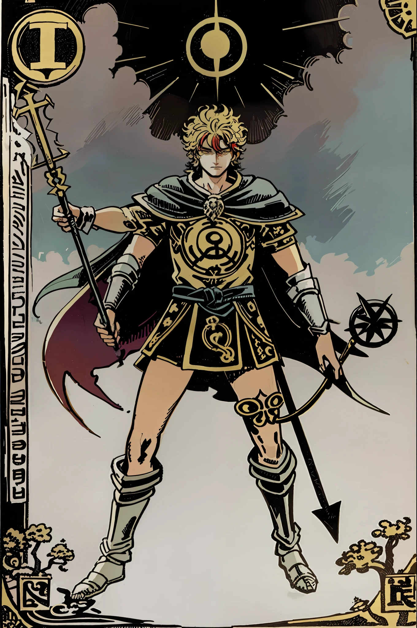 Tarot card, the fool, god of death and destruction, bindle, spear and shield, castle, monster,