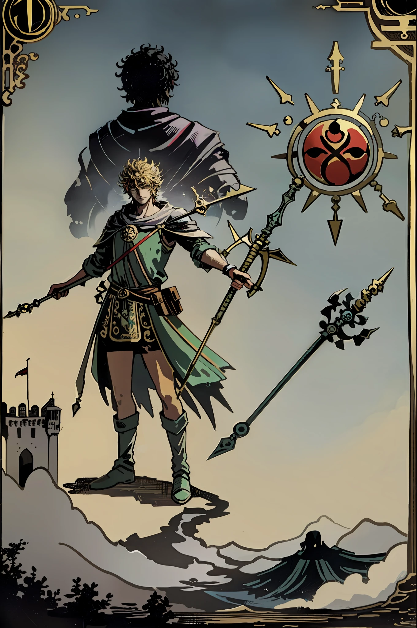 Tarot card, the fool, god of death and destruction, bindle, spear and shield, castle, monster,