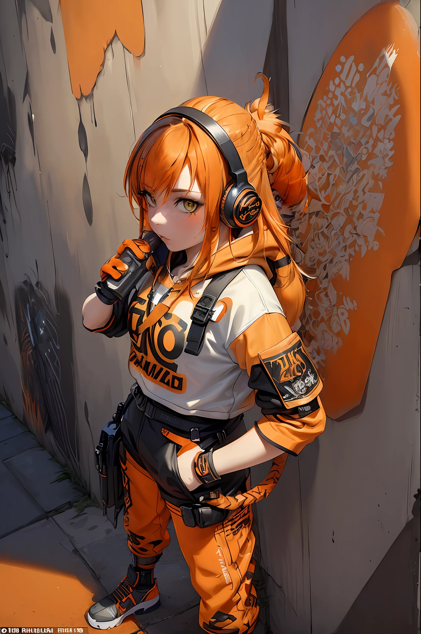 (Masterpiece: 1.2), best quality, (illustration: 1.2), (ultra-detailed), eye focus, (masterfully crafted brightness, pink lens glow), (cinematic background), hyper details, (delicate detailed), (intricate details), octane render, hdr, (hyperdetailed: 1.15), (color)))), (soft light: 1.2), 1girl, (lynx ears: 1.3), (lynx man), (cat tail: 1.5), beautiful man, ultra detailed eyes, mature, fat, thick, rainbow paint drops, ink teardrops, man made of paint, entirely paint, splat, splash, (out), (bob cut: 1.5), (bright eyes: 1.2), ((makeup)), (cinematic masterpiece), fierce, powerful, absolutely attractive splashes of color, (cinematic lighthouse), (realistic lighting of heels: 1.2), ((caustic)), dynamic angle, beautiful detailed brightness, ambient occlusion, ambient light, raytraced reflections, (better lighting, an extremely delicate and beautiful light), ((cinematic light)), (soft: 2), (whimsical:2) , intricate, vibrant, dreamlike landscape, (graffiti painting:1.3), (bright tail), (painted cityscape), (urban),(realistic urban fashion), (expressive:1.2), fitness, athletic, (mirrored world), (long flowing black hair:1.1), wavy hair, (orange hair highlights),(Cyberpunk Techwear Japanese Streetwear Longline Hoodie),(Cyberpunk Streetwear Kanji Joggers), bright headphones, cap, (graffiti wall), unfinished graffiti, ghetto,(looking at the wall:2),black hoodie, (back wall present),(holding spraycan:1.3), (colored mist), buckles, belts, straps, a girl in front of a graffiti wall, cyberpunk art, (by LAM), Mika Pikazo, graffiti, techwear jacket, black gloves, with buckle and duct tape, (orange hair:2)