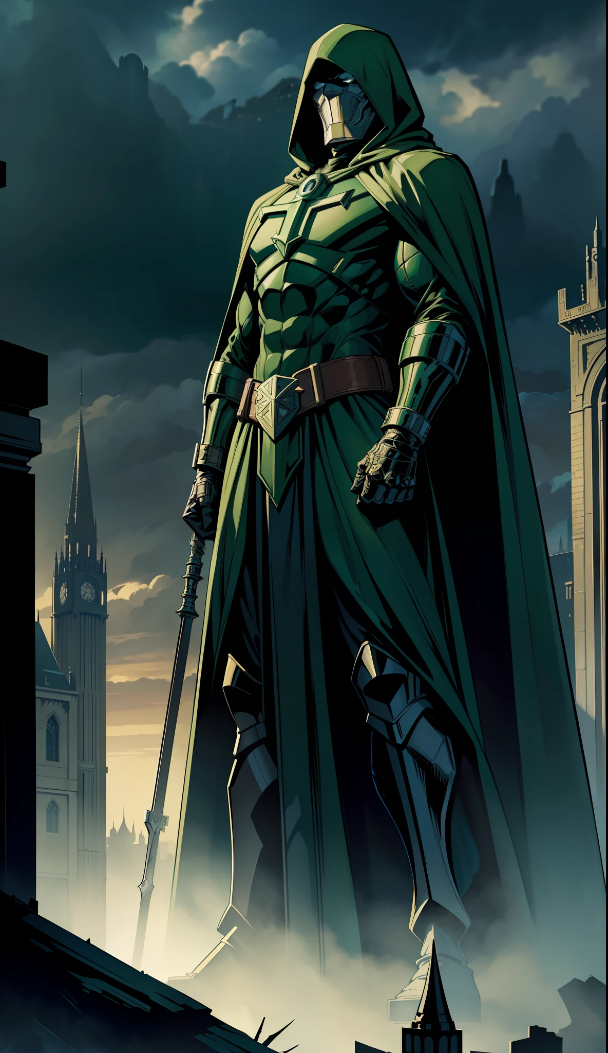 Extremely detailed and ultra-realistic depiction of Marvel's Doctor Doom, in his iconic armor with long green cape and hood along with his mask, standing firmly under a dark and ominous sky, with a magnificent palace in the far background, intricately designed with impeccable attention to detail. Very similar to the marvel comics, full body shot, ultra realistic to marvels comics,