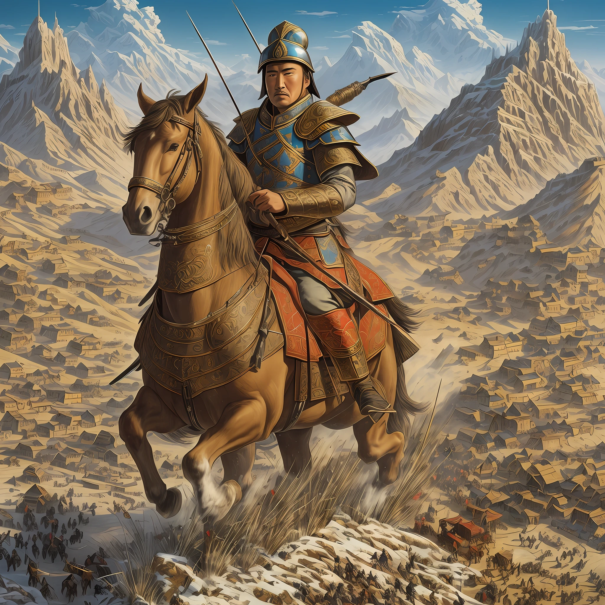 an image of a battlefield with vast plains and mountains in the background, where armies of the Mongol Empire prepare for an attack, an image depicting a Mongol military camp, with colorful tents, grazing horses and soldiers preparing for battle, a visual representation of a powerful Mongol fortress, with its imposing walls and watchtowers, surrounded by an army ready to defend the empire,an image of a Mongol general astride his horse, leading an army in a charge against enemy forces,an image of a snow-covered landscape where Mongol warriors brave the harsh cold as they advance towards a fortified city,a visual representation of a Mongol strategist plotting battle plans on a map, surrounded by other military leaders,an image of a confrontation between Mongol armies and a coalition of enemies, with arrows flying and swords in action,a scene of siege of a city, with catapults and Mongol archers attacking the walls as climbing soldiers try to storm the site,an image of a Mongol general on his throne, Surrounded by advisors and nobles, discussing strategies for expanding the empire, a visual representation of a coronation ceremony of a Mongol leader, with warriors gathered in celebration and the flag of the empire fluttering in the wind. --auto --s2