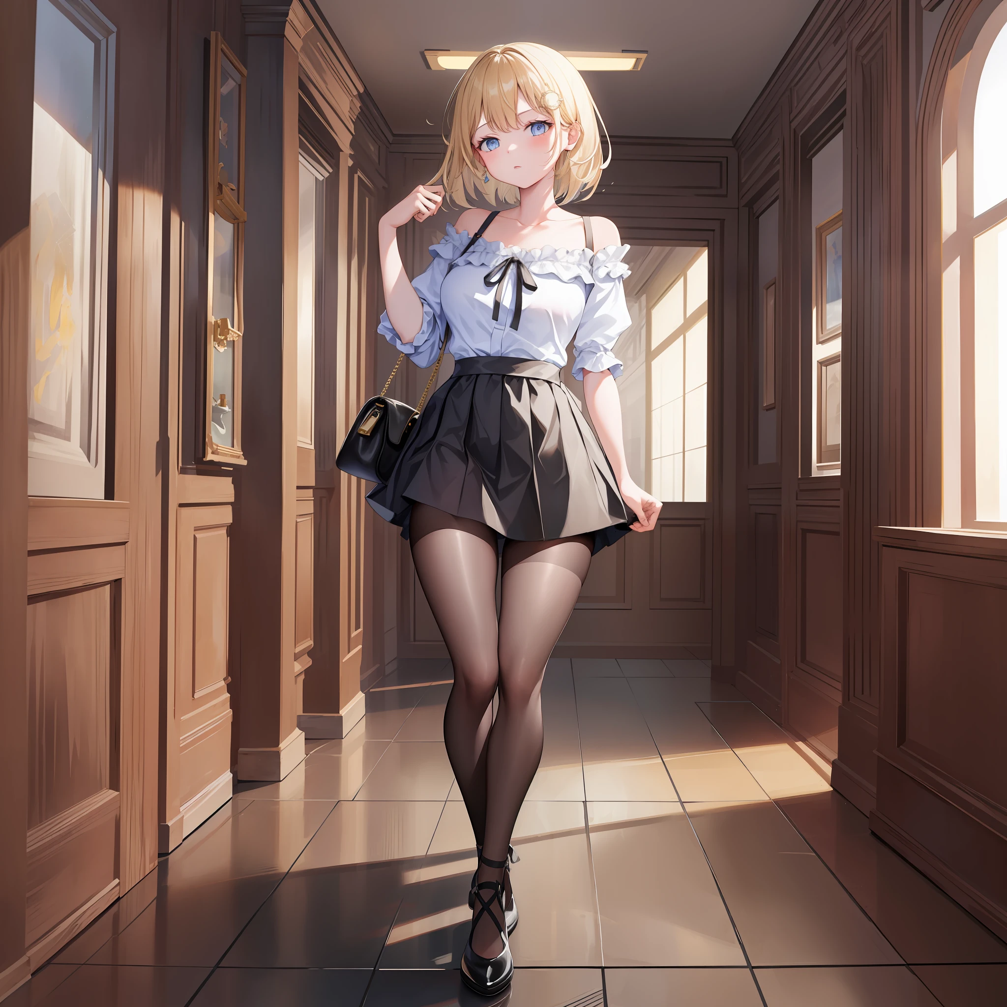 ((Masterpiece)), (Best Quality), Amelia Watson, amelia_casual, frilled shirt, collarbone, black skirt, pantyhose, (NSFW: 1.5), full body, solo