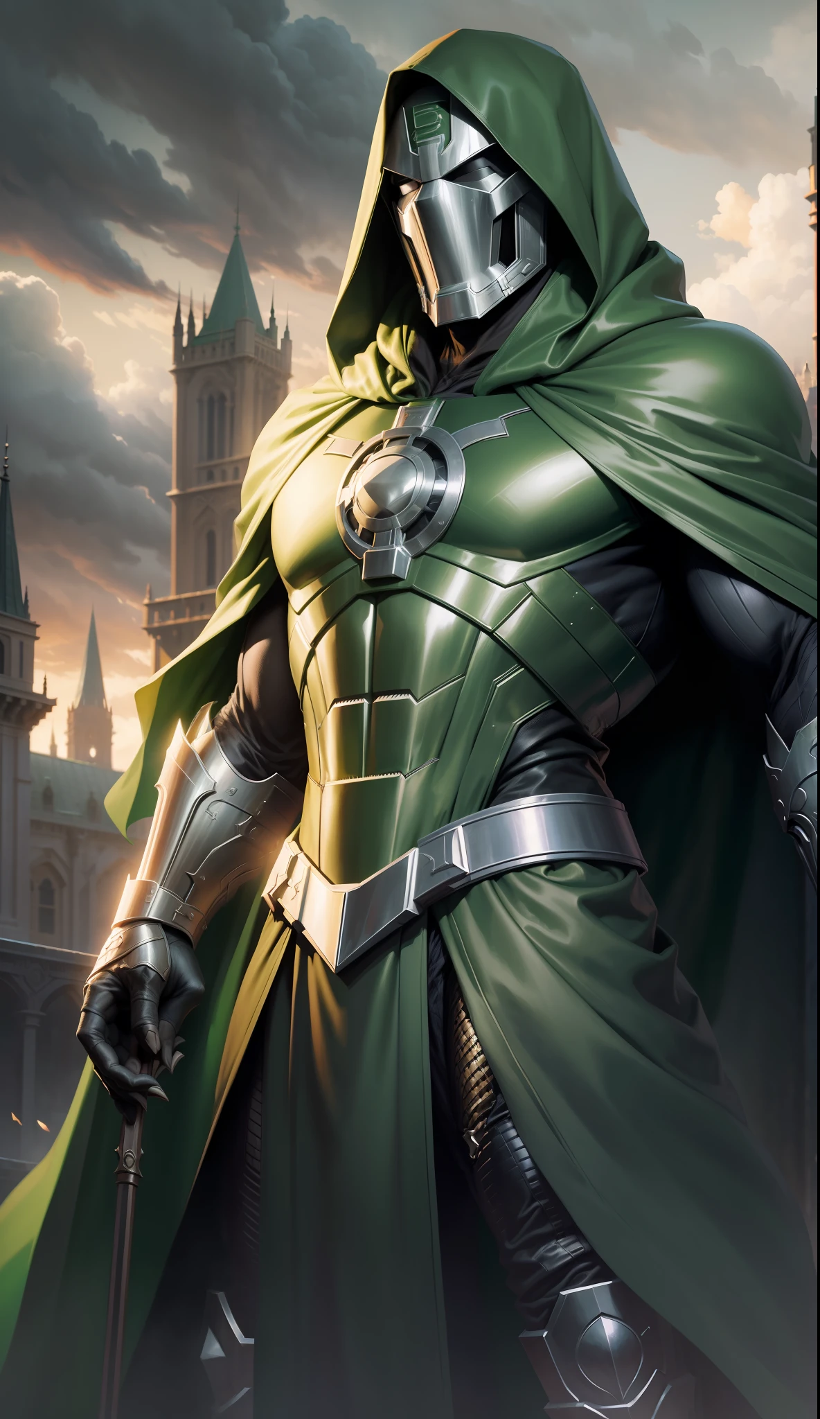 Extremely detailed and ultra-realistic depiction of Marvel's Doctor Doom, in his iconic armor with long green cape and hood along with his mask, standing firmly under a dark and ominous sky, with a magnificent palace in the far background, intricately designed with impeccable attention to detail. Very similar to the marvel comics, full body shot
