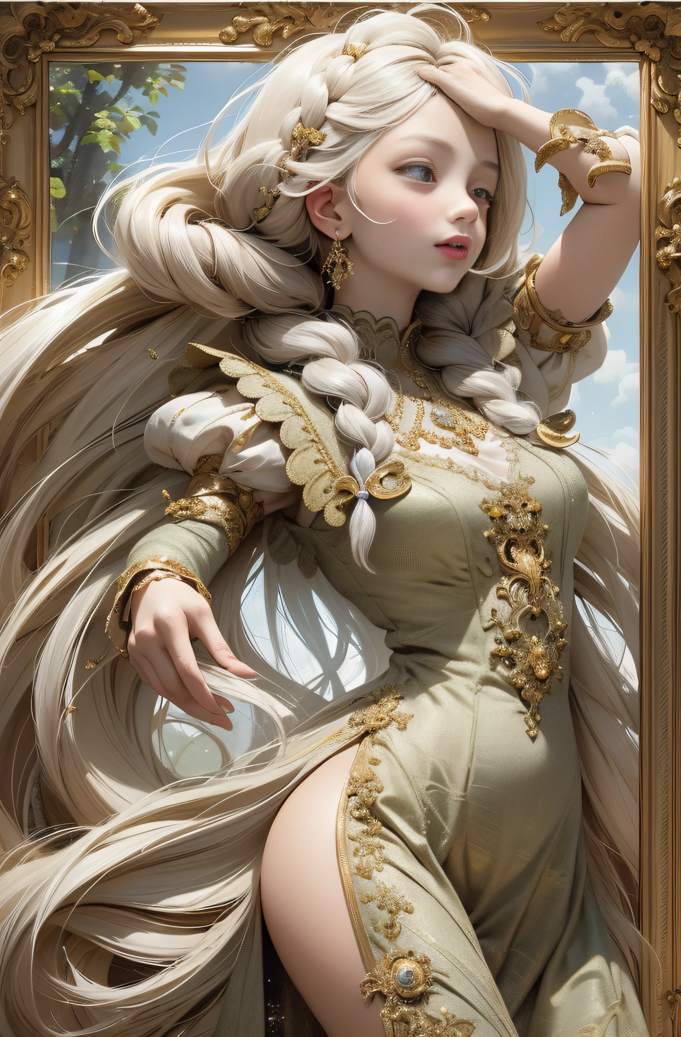 Masterpiece, the best picture quality, extremely detailed complete unpopular Hungarian characters, in a pleasant giggle. She wrapped her arms around her head, her long, colorful golden braids swayed lightly, her twinkling eyes slowly emerged with the Victorian sun dress, and floating particles of light spread out from the center of the position. Adult limited (weights x 1.6).