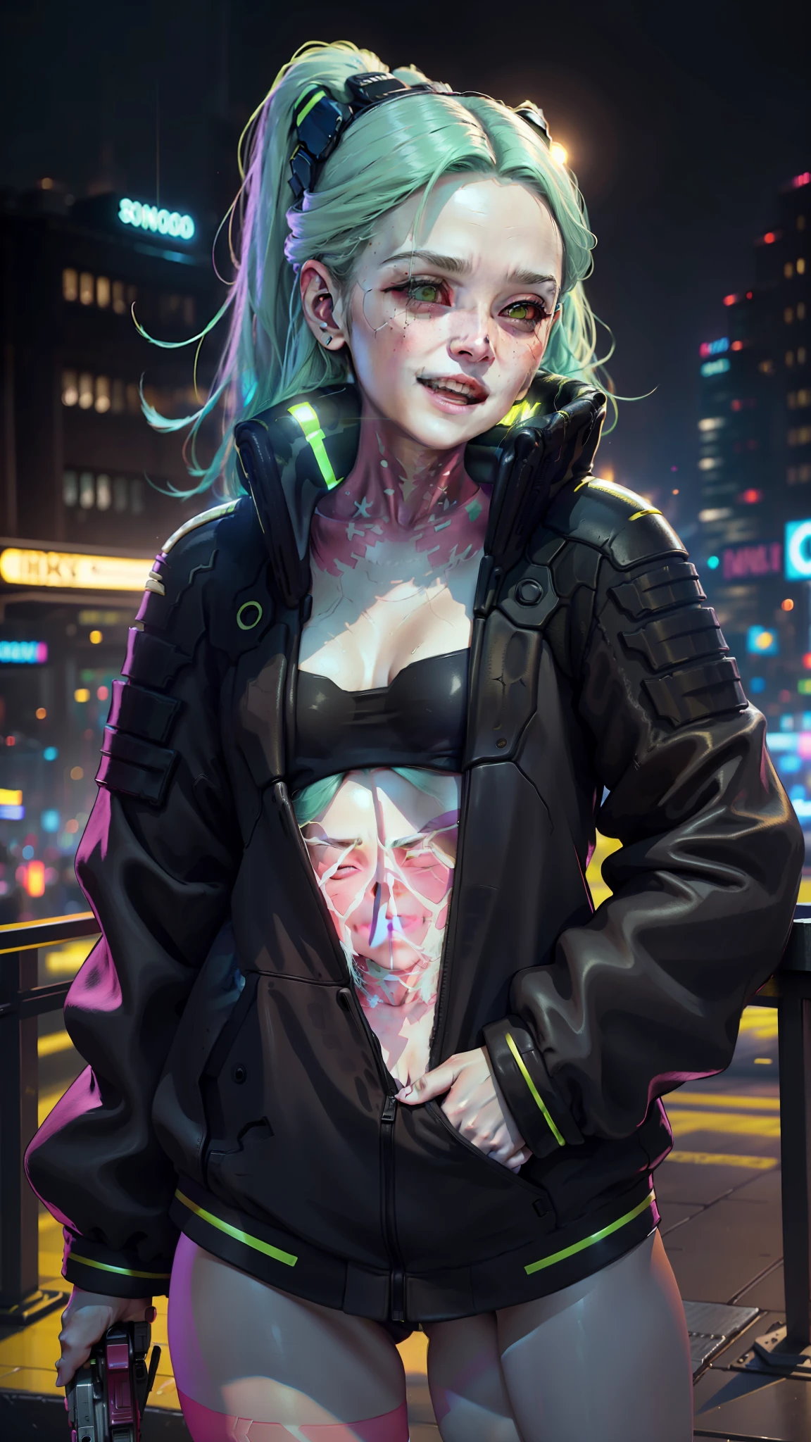 (cinematic, 8k, best quality, masterpiece: 1.2), (realistic, photo-realistic: 1.37), ultra-detailed, soft light, best quality, ultra highres, raw photo in HDR, sharp focus, intricate texture, skin imperfections, 1 girl, cute, solo, raw photo, Rebecca a robotic girl with green hair, laughing, pink tattoo on her neck and belly, wearing a black jacket with yellow details,  holding a pistol in hand, 19yo, camel fingers, slim body, warm body, shiny skin, realistic textures, reflected lighting, volumetric lighting. Background a cyberpunk city at night, neon lighting.